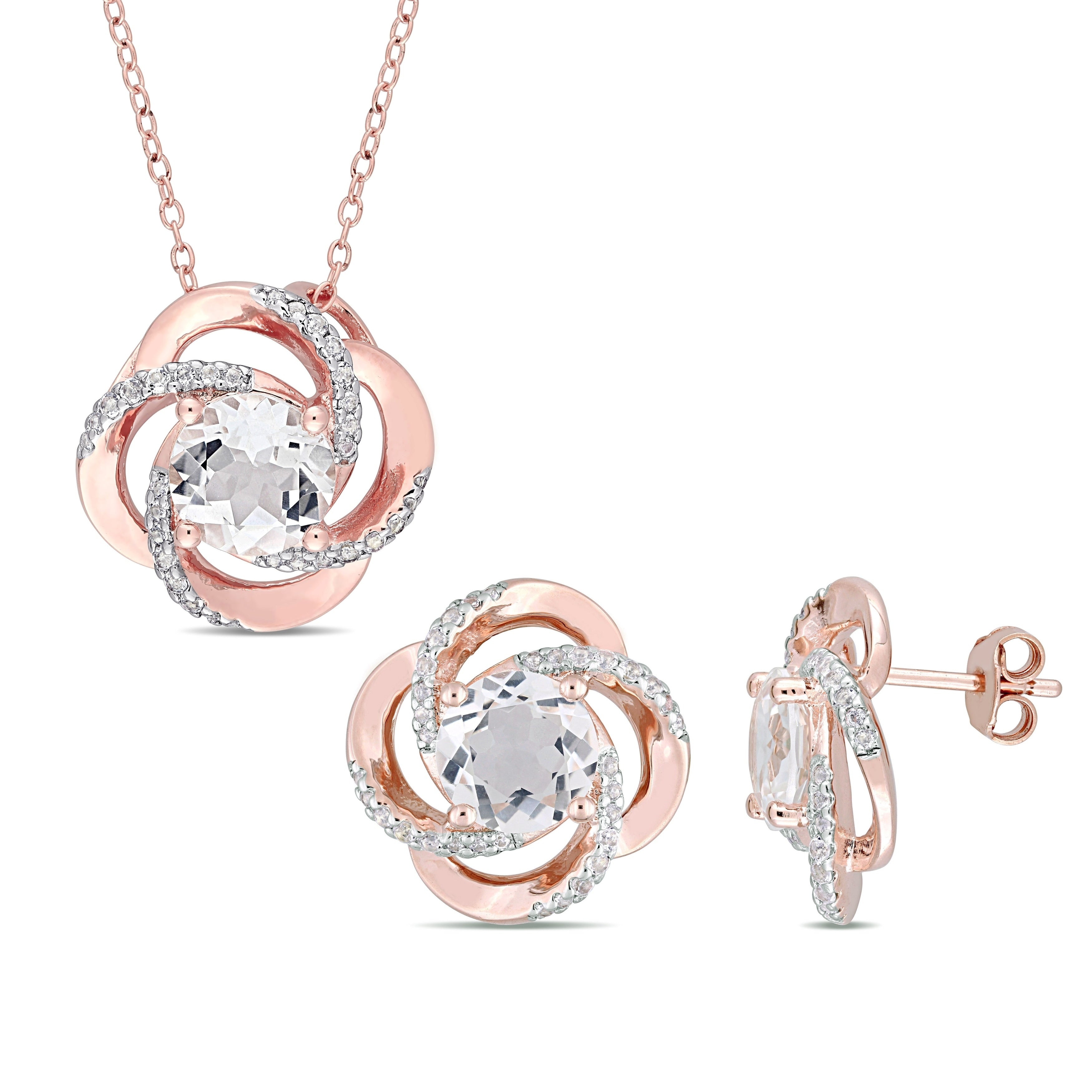 Miadora Rose Plated Sterling Silver White Topaz Floral Swirl Stud Earrings And Necklace Set