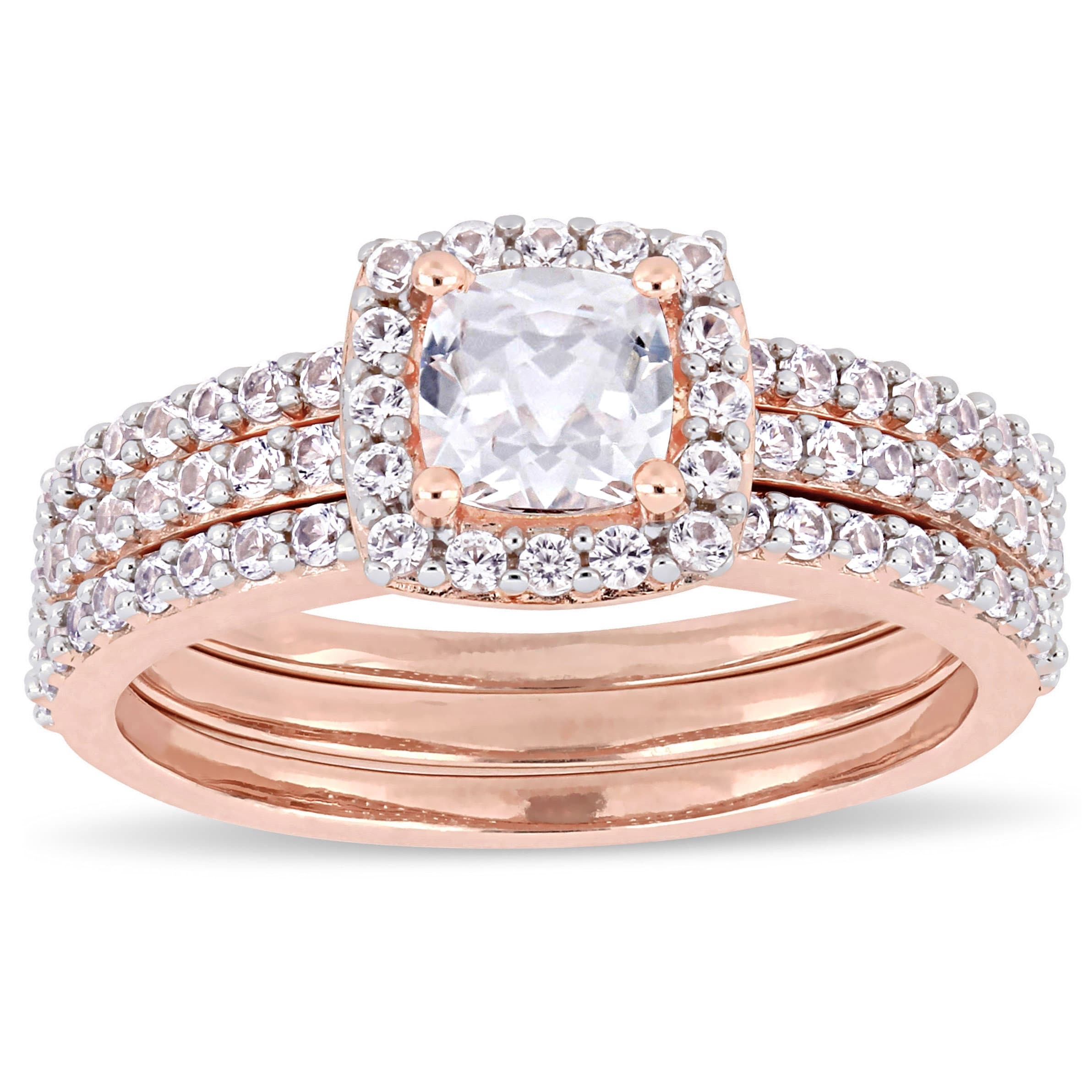 Miadora Rose Silver Created White Sapphire Halo Bridal 3 Ring Set