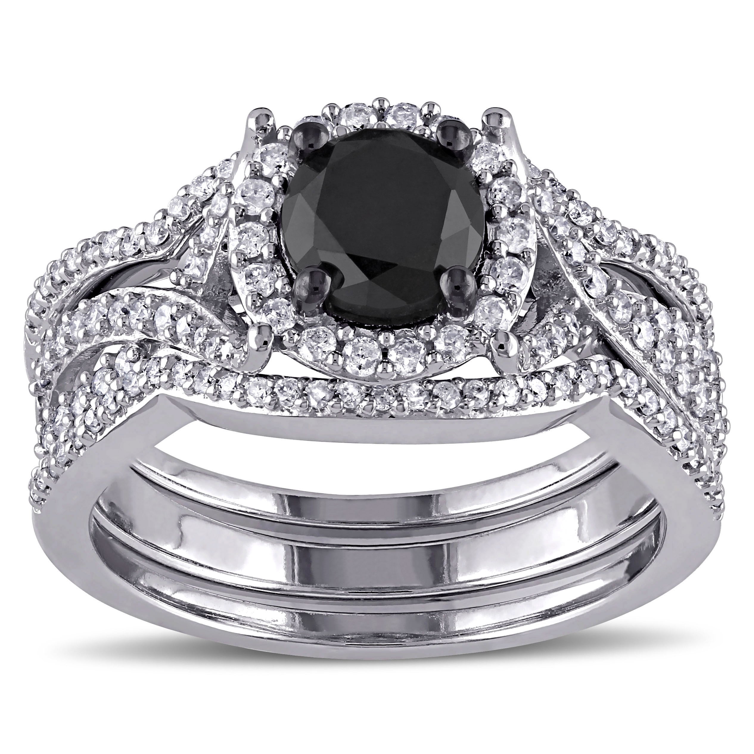 Miadora Signature Collection 10K White Gold 1 1 2Ct Tdw Black And White Diamond 3 Piece Halo Bridal Ring Set G H I2 I3