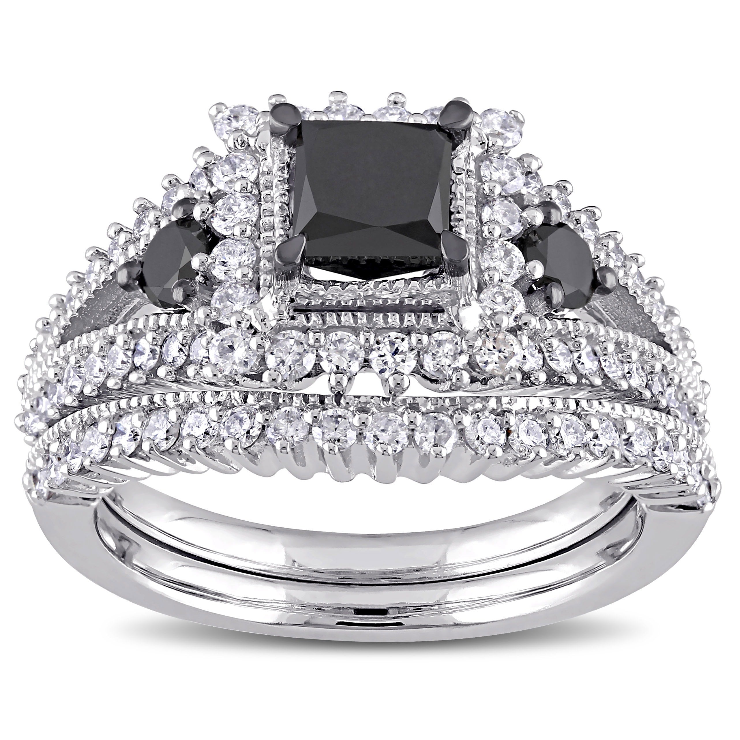 Miadora 10K White Gold 2Ct Tdw Black And White Diamond 3 Stone Bridal Set