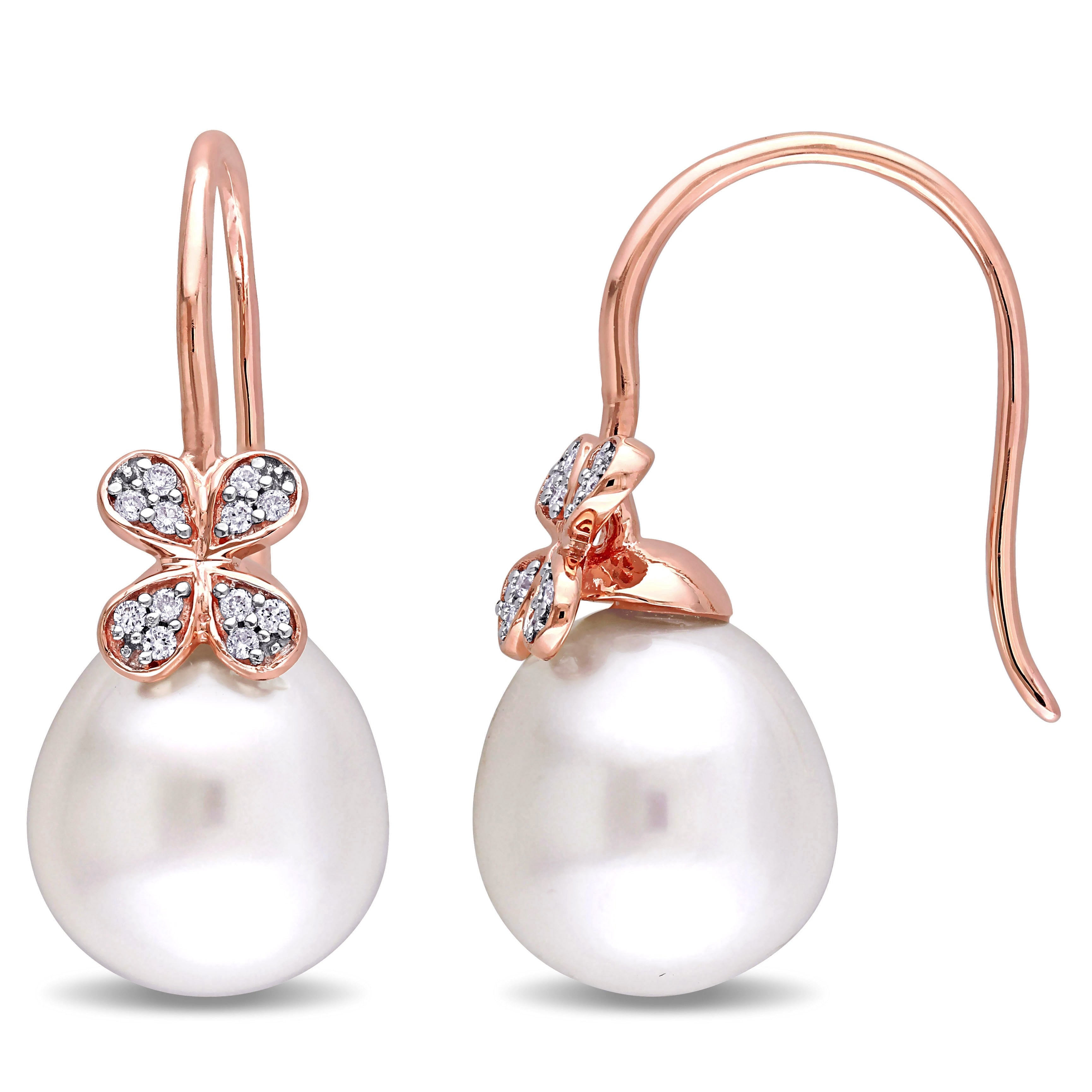 Miadora Signature Collection 14K Rose Gold Diamond South Sea Pearl And 1 8Ct Tdw Clover Earrings G H Si1 Si2 11.5 12Mm