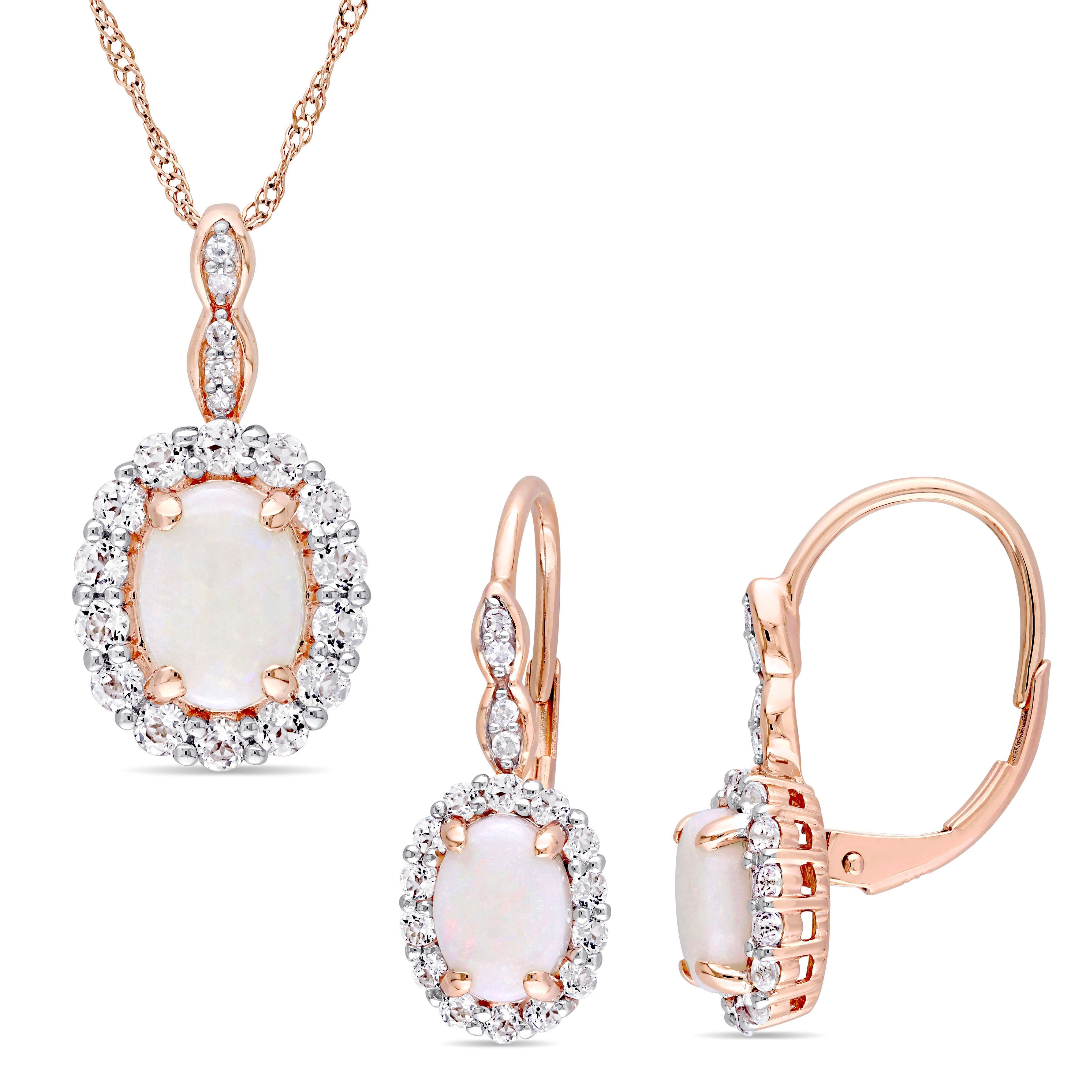 Miadora Signature Collection 14K Rose Gold Opal White Topaz Diamond Accent Halo Necklace And Leverback Earrings Set