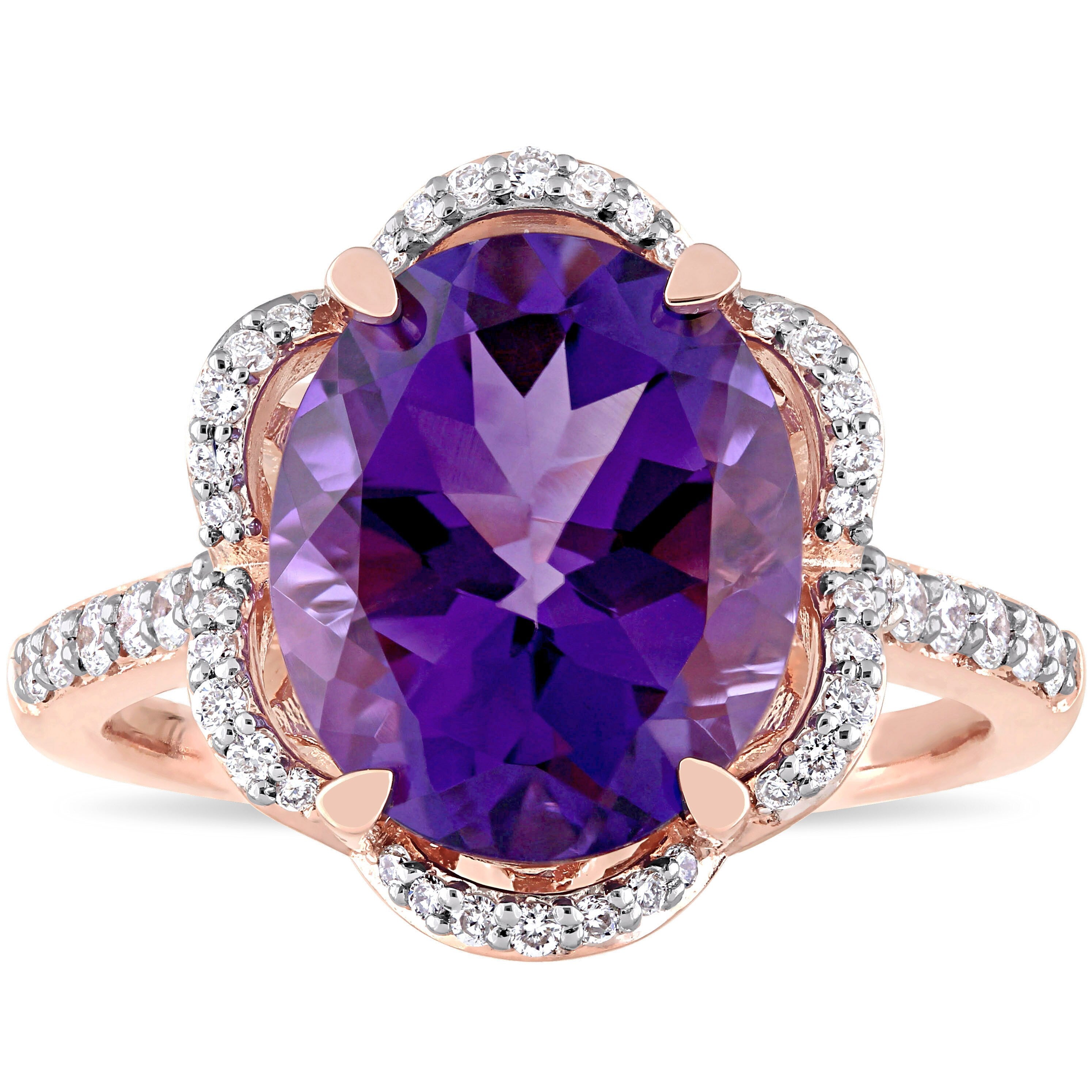 Miadora Signature Collection 14K Rose Gold Oval Cut African Amethyst And 1 2Ct Tdw Diamond Floral Ha