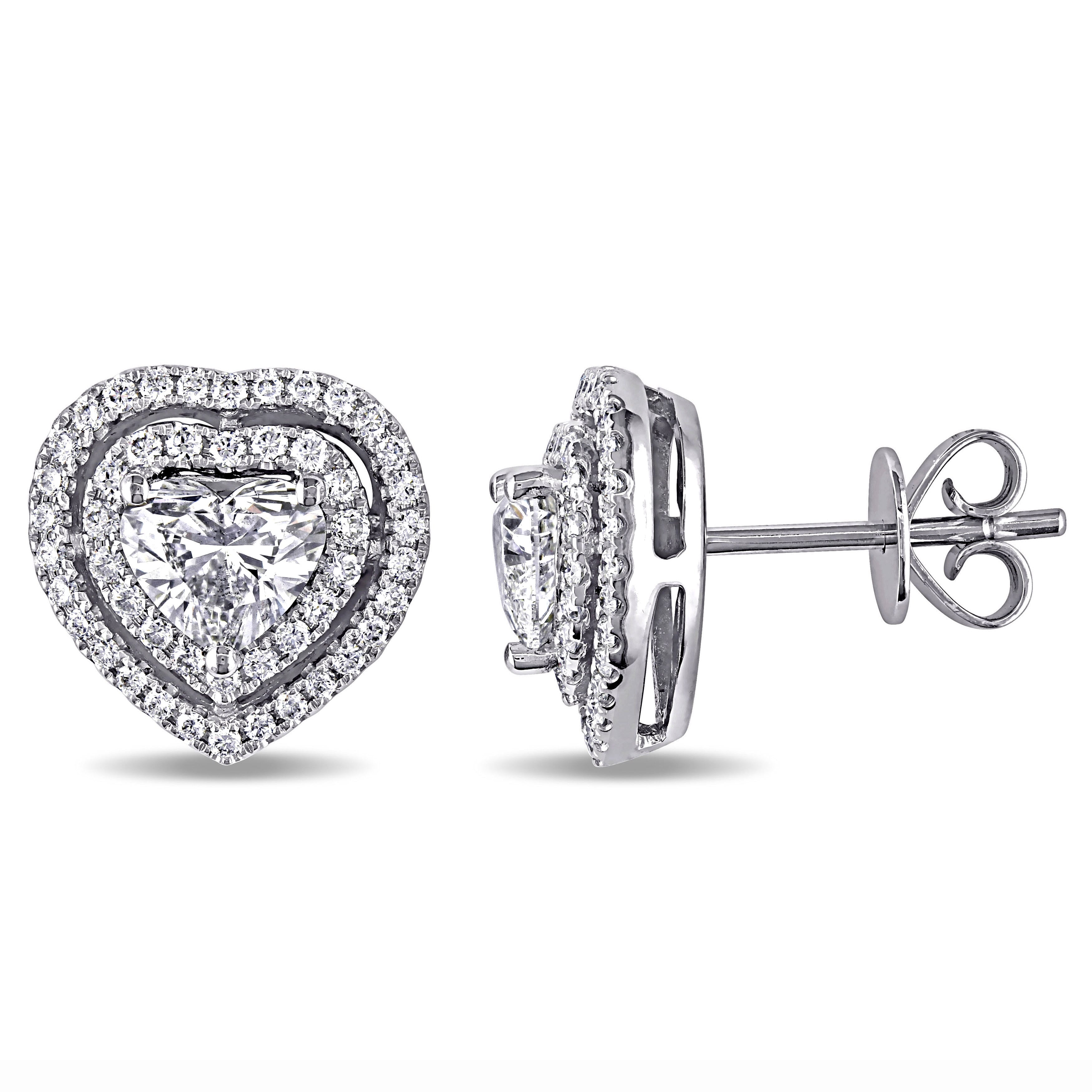 Miadora Signature Collection 14K White Gold 1 1 2Ct Tdw Center Heart Diamond And Double Halo Stud Earrings G H Si1 Si2