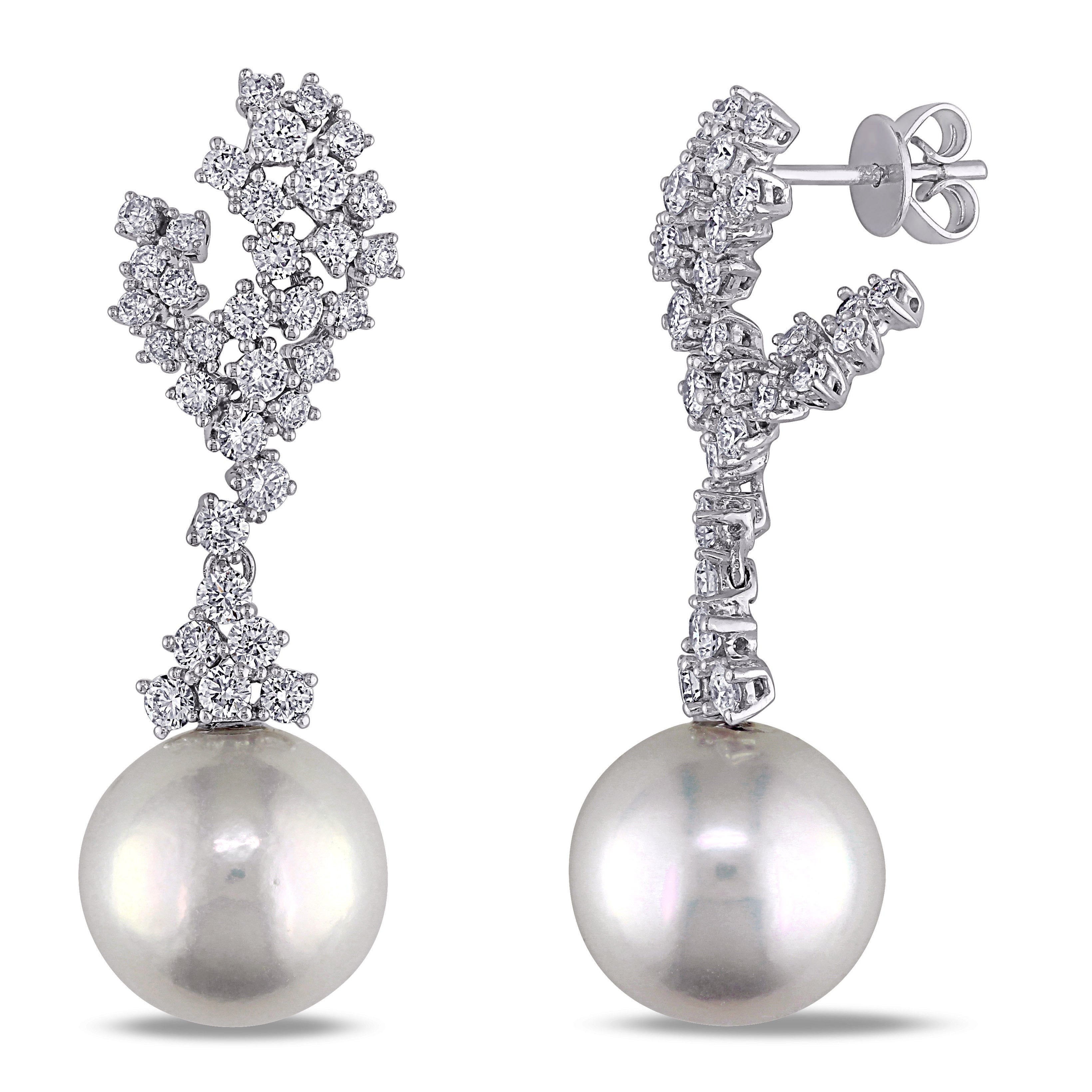 Miadora Signature Collection 14K White Gold Cultured Freshwater White Pearl And 2Ct Tdw Diamond Earrings G H Si1 Si2