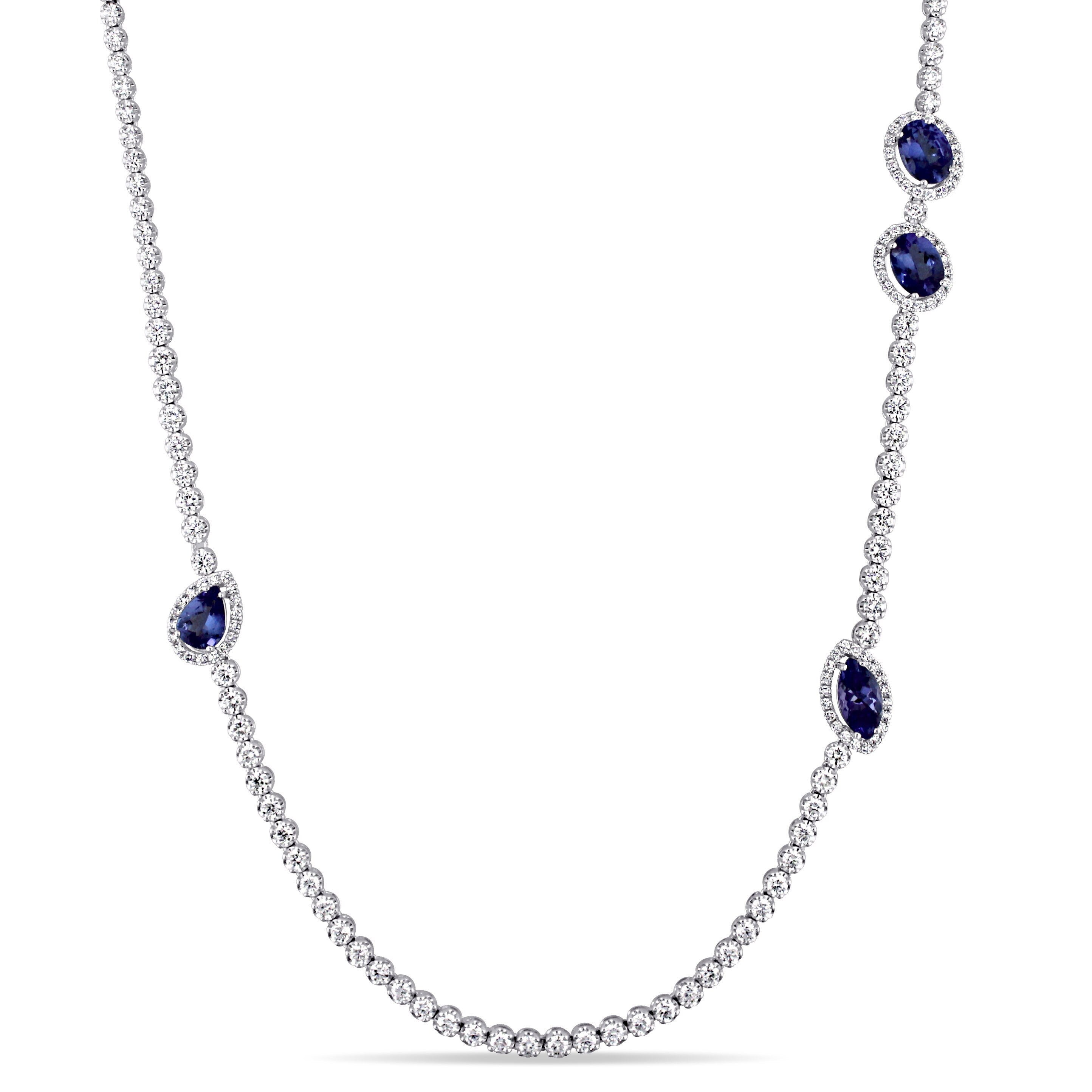 Miadora Signature Collection 18K White Gold 8 1 10Ct Tdw Diamond And Sapphire Station Strand Necklace G H Si1 Si2 Blue