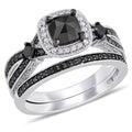 Miadora Signature Collection Sterling Silver With Black Rhodium 1 1 2Ct Tdw Black And White Diamond Split Shank Bridal Ring Set