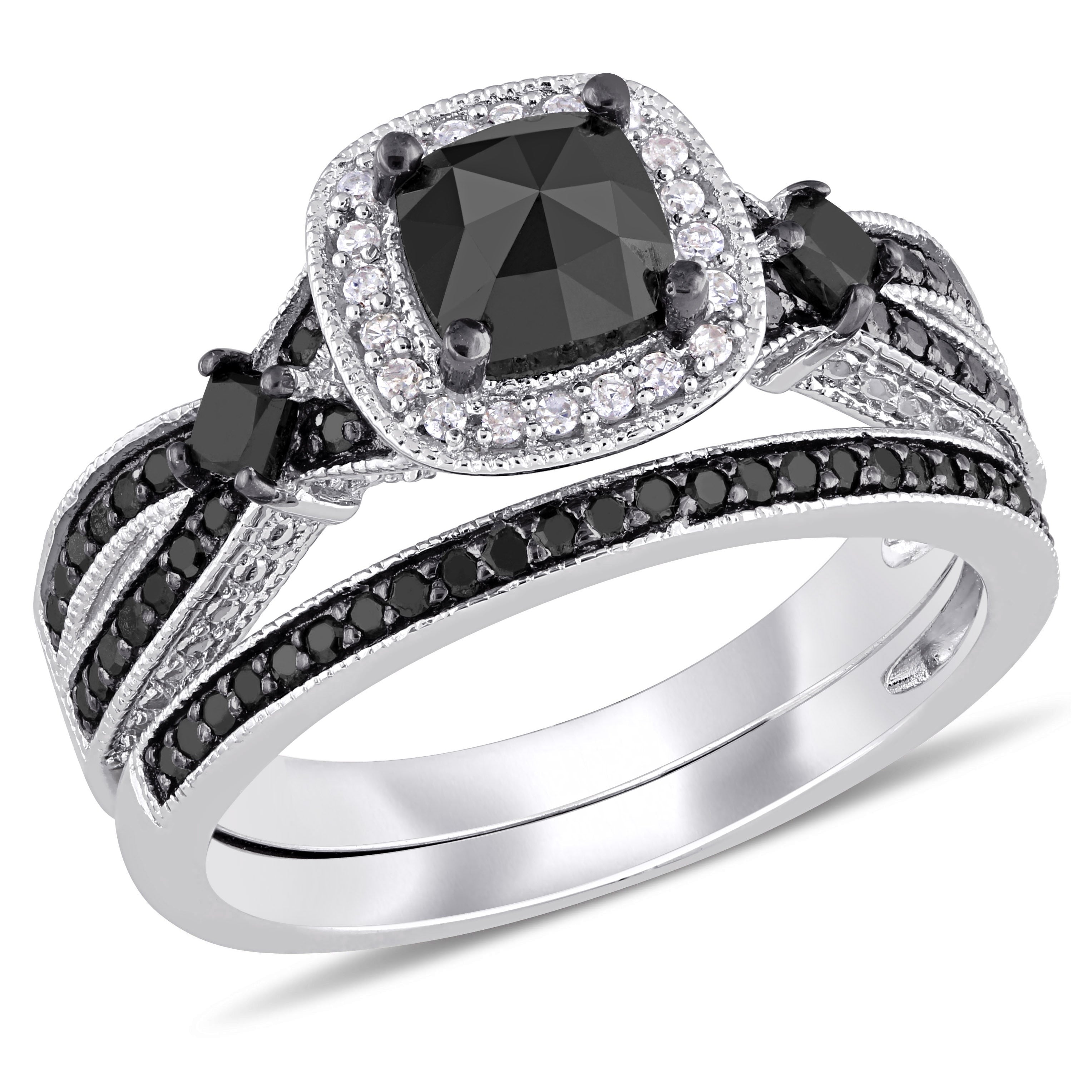 Miadora Signature Collection Sterling Silver With Black Rhodium 1 1 2Ct Tdw Black And White Diamond Split Shank Bridal Ring Set