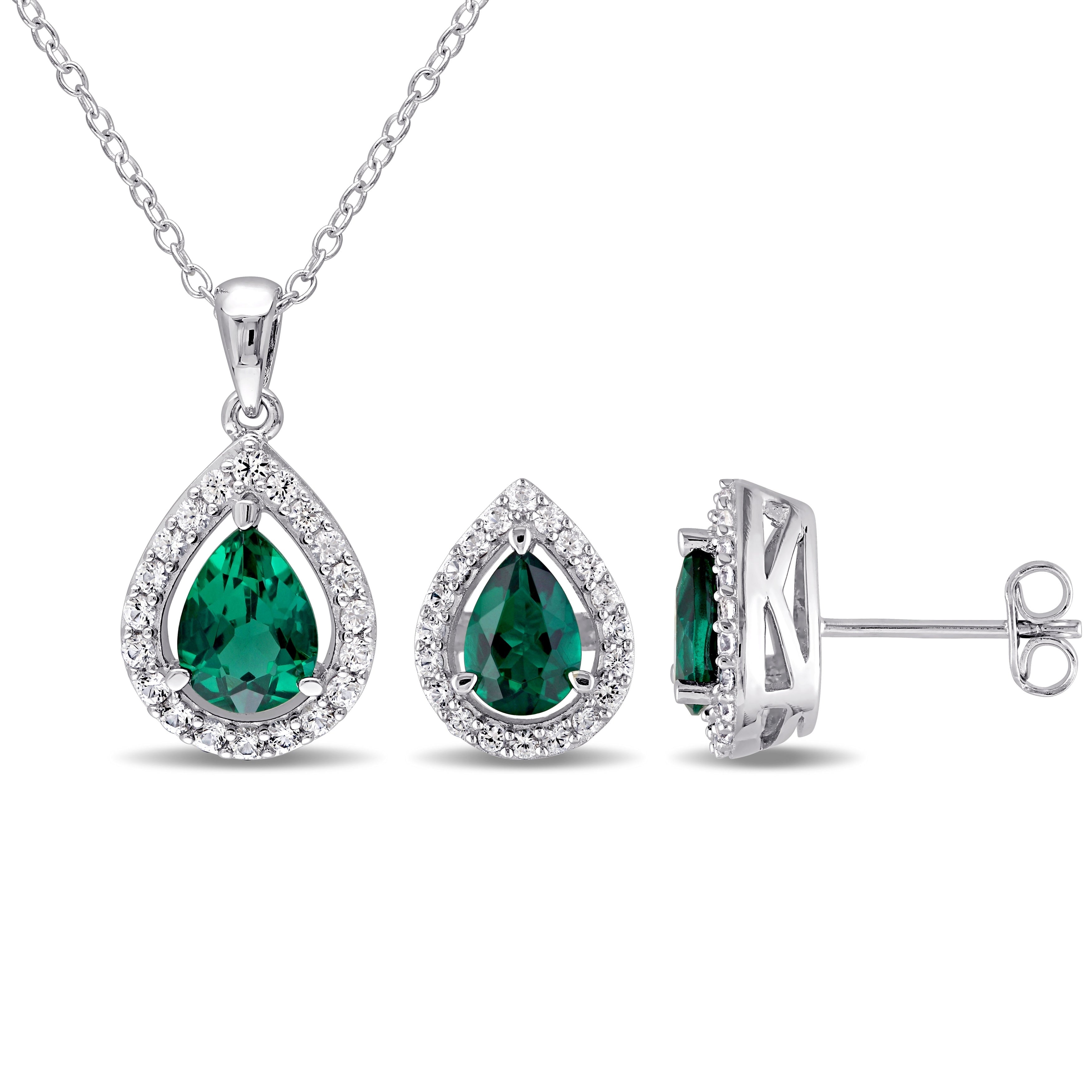 Miadora Silver Created Emerald And Sapphire Set Of Necklace And Earrings