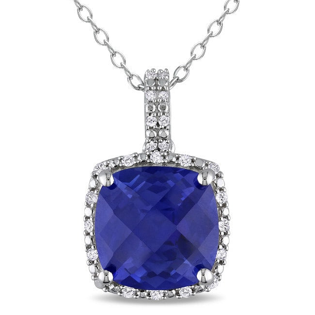 Miadora Sterling Silver Created Blue Sapphire And 1 10Ct Tdw Diamond Square Halo Birthstone Necklace