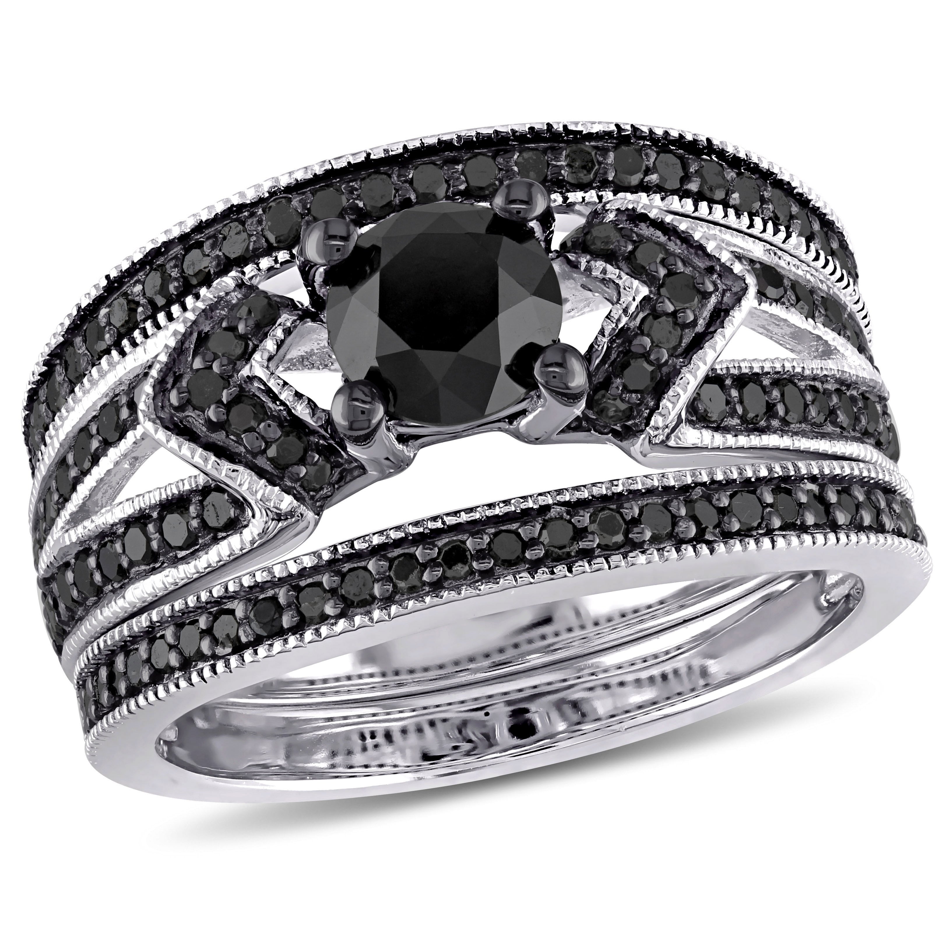 Miadora Sterling Silver 1 1 4Ct Tdw Black Diamond Split Shank 3 Piece Bridal Set