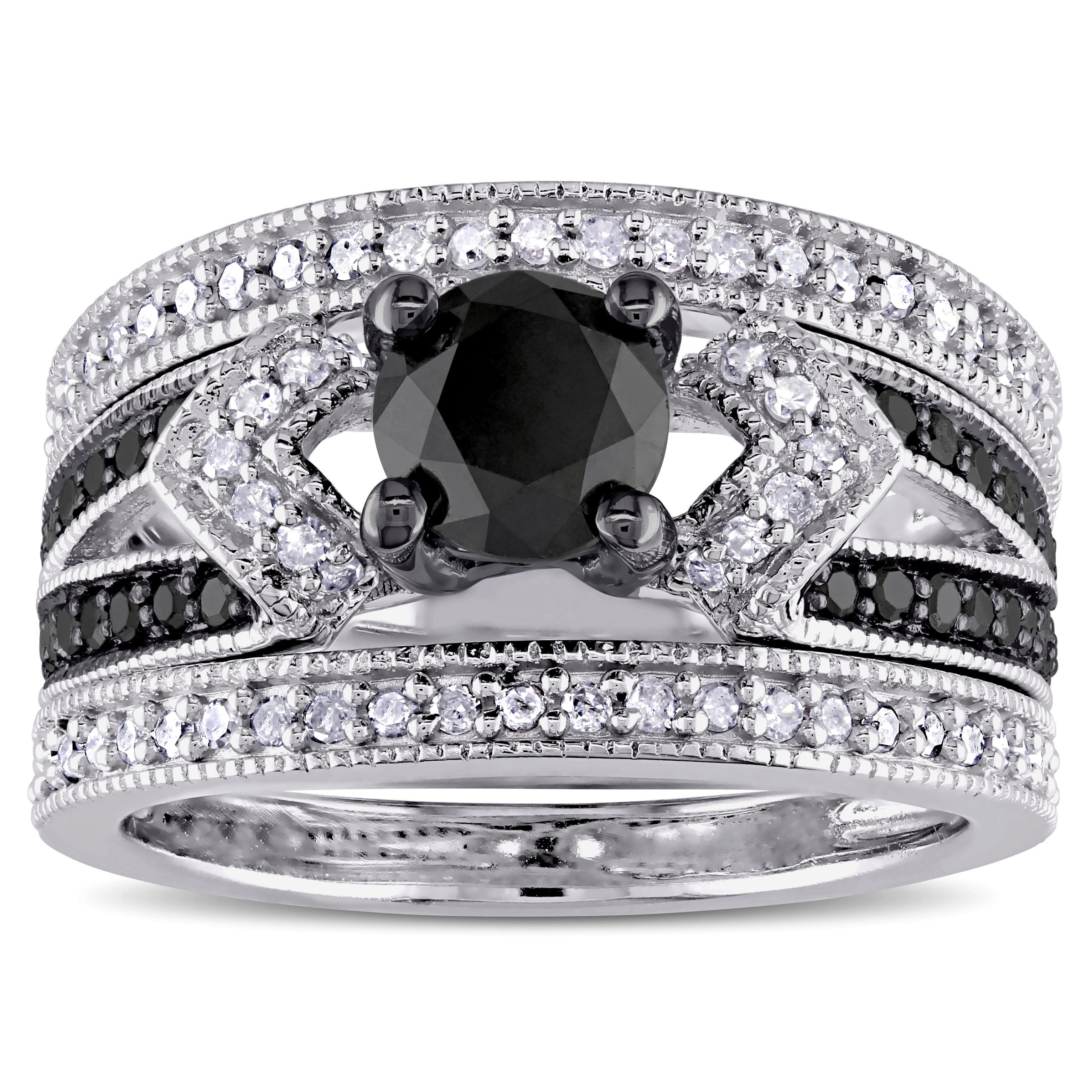 Miadora Sterling Silver 1 1 4Ct Tdw Black And White Diamond Split Shank 3 Piece Bridal Set