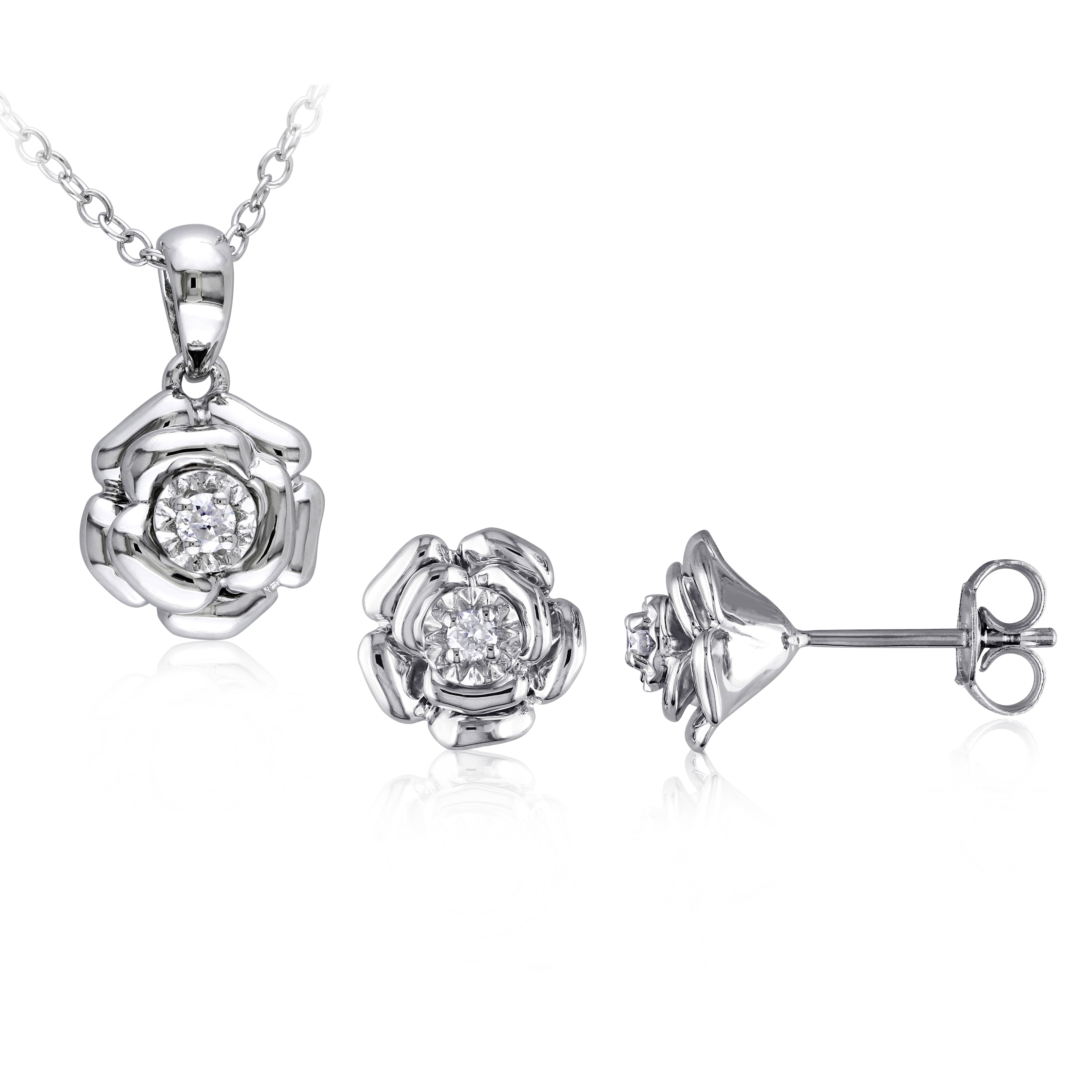 Miadora Sterling Silver 1 10Ct Tdw Diamond Flower Stud Earring And Necklace Set