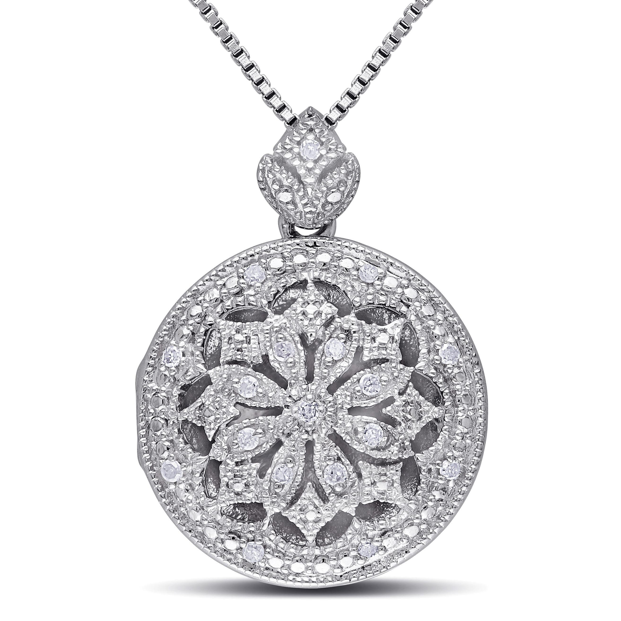 Miadora Sterling Silver Vintage 1 10Ct Tdw Diamond Locket Floral Drop Necklace