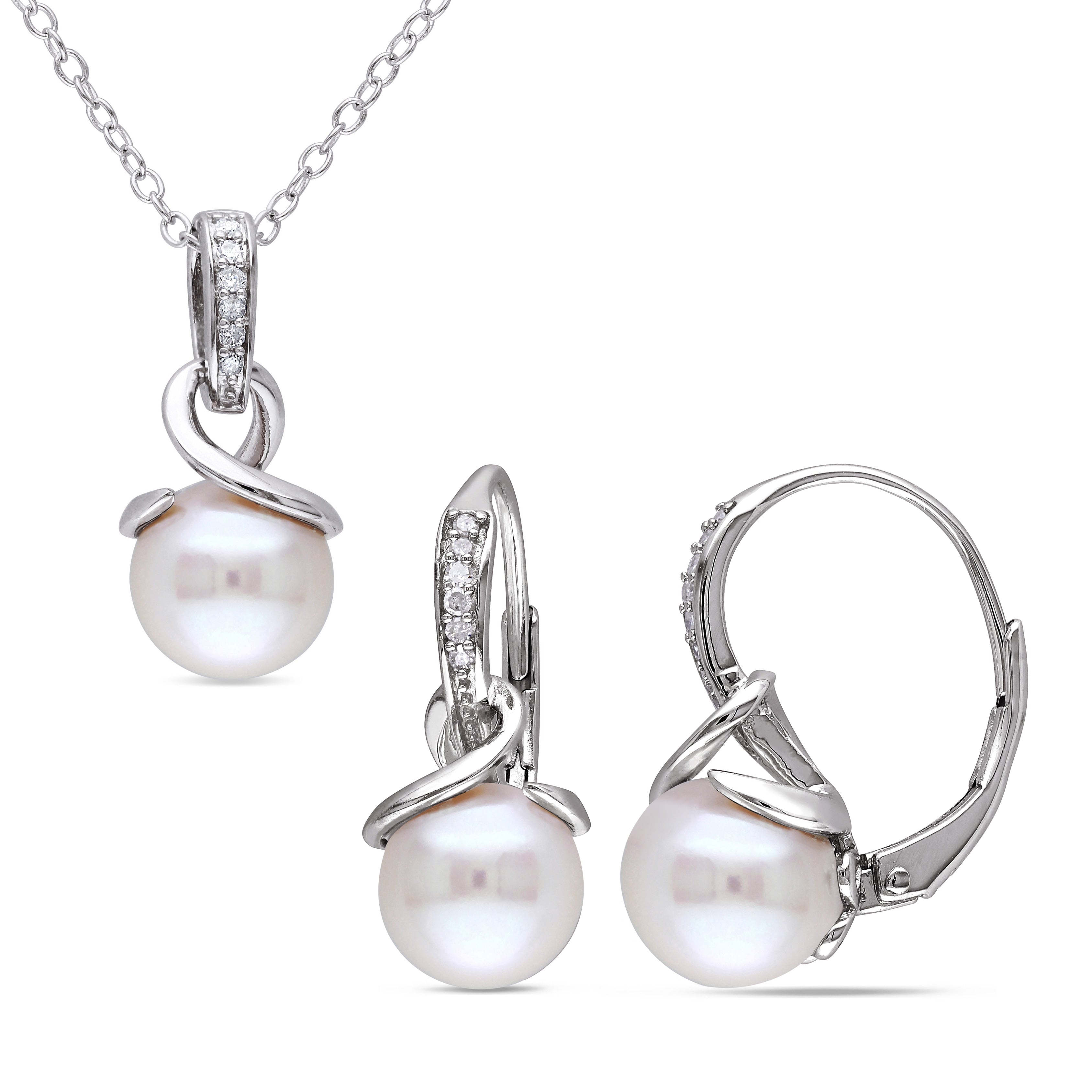 Miadora Sterling Silver 1 10Ct Tdw Diamond And Cultured Freshwater Pearl Earrings And Necklace Set 8 8.5 Mm White