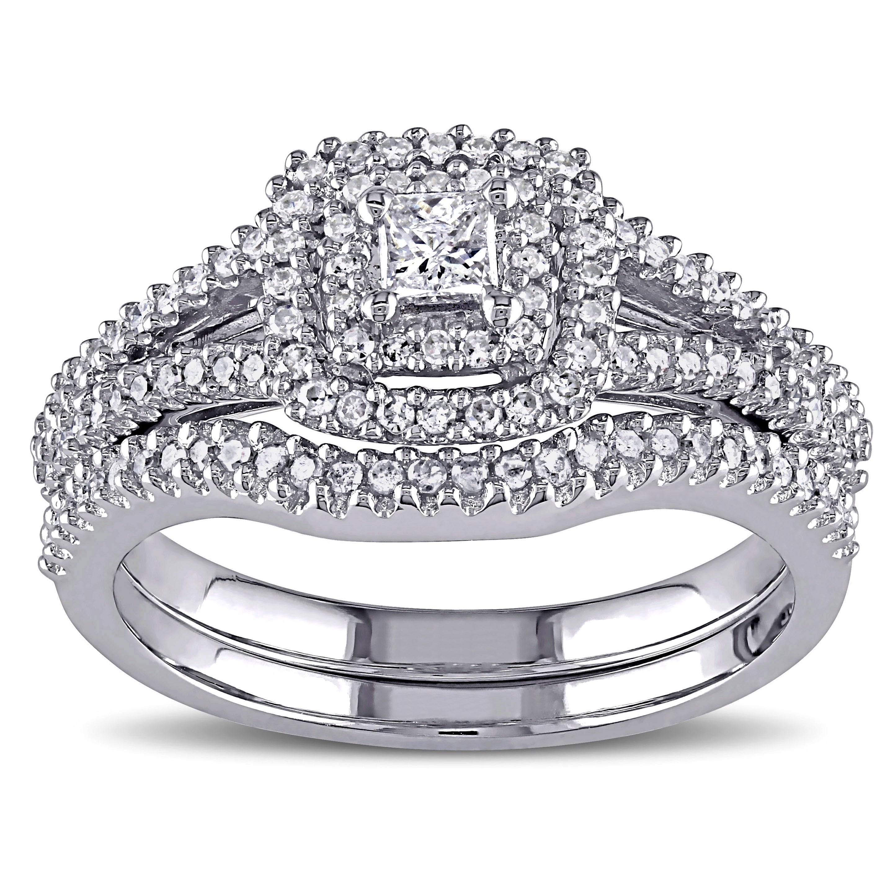 Miadora Sterling Silver 1 2Ct Tdw Princess And Round Cut Diamond Halo Bridal Ring Set