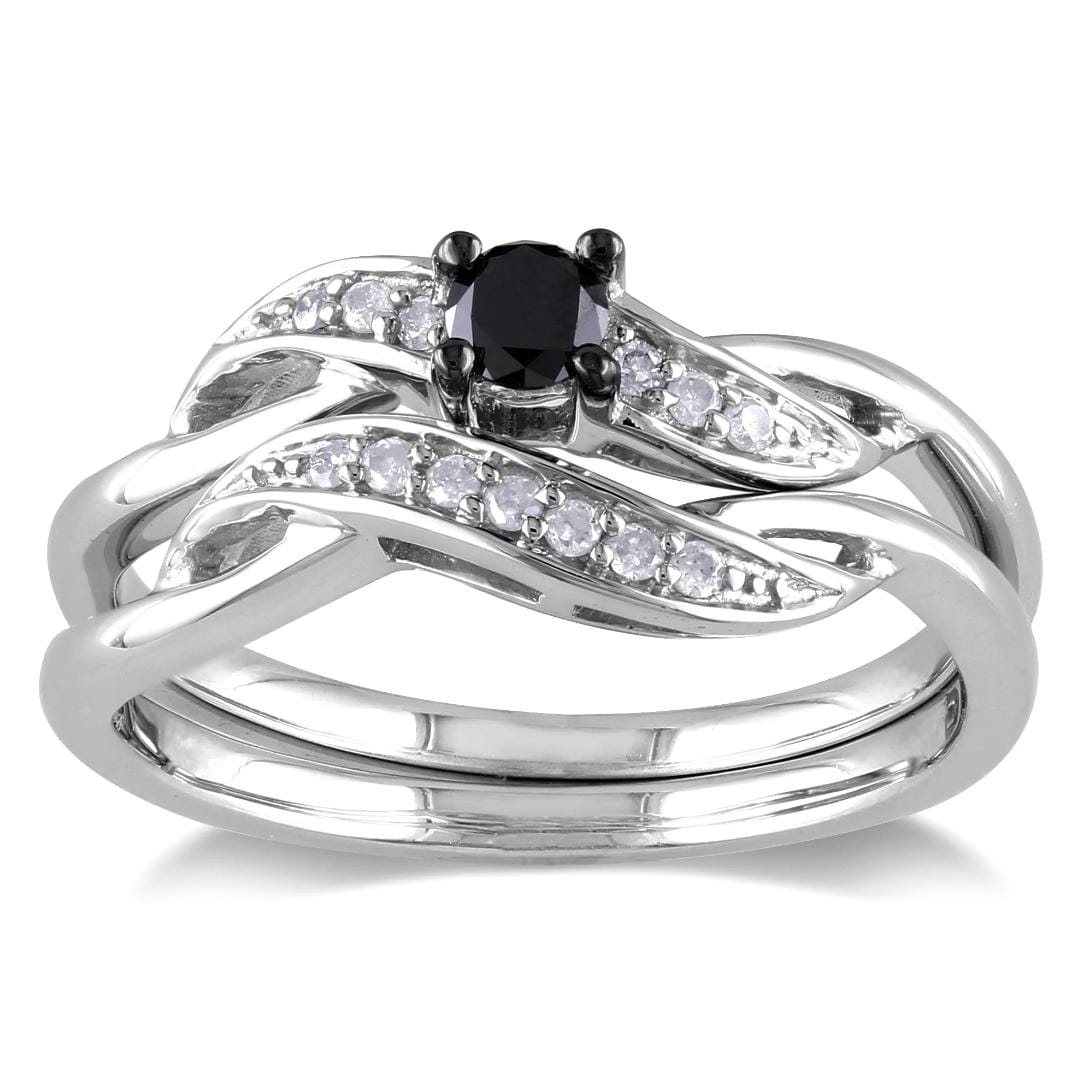 Miadora Sterling Silver 1 4Ct Tdw Black And White Diamond Crossover Bridal Ring Set