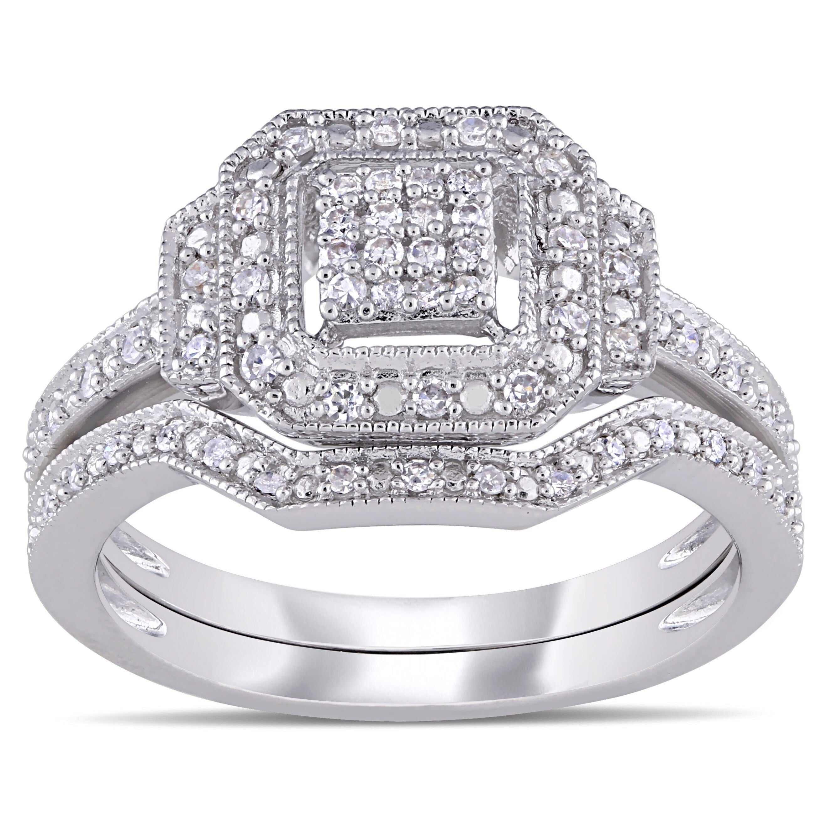 Miadora Sterling Silver 1 4Ct Tdw Diamond Cluster Square Halo Bridal Ring Set