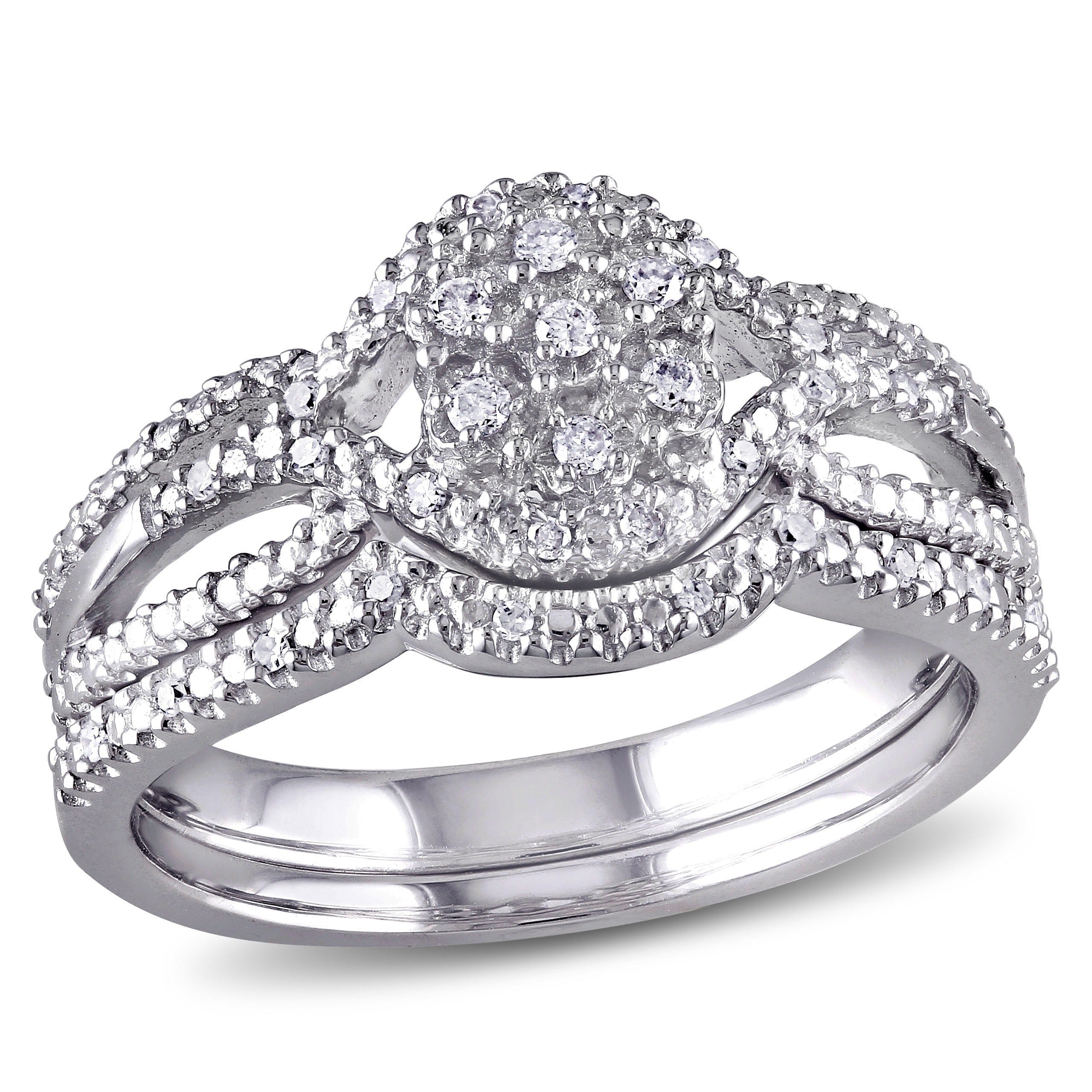 Miadora Sterling Silver 1 7Ct Tdw Diamond Cluster Split Shank Bridal Ring Set