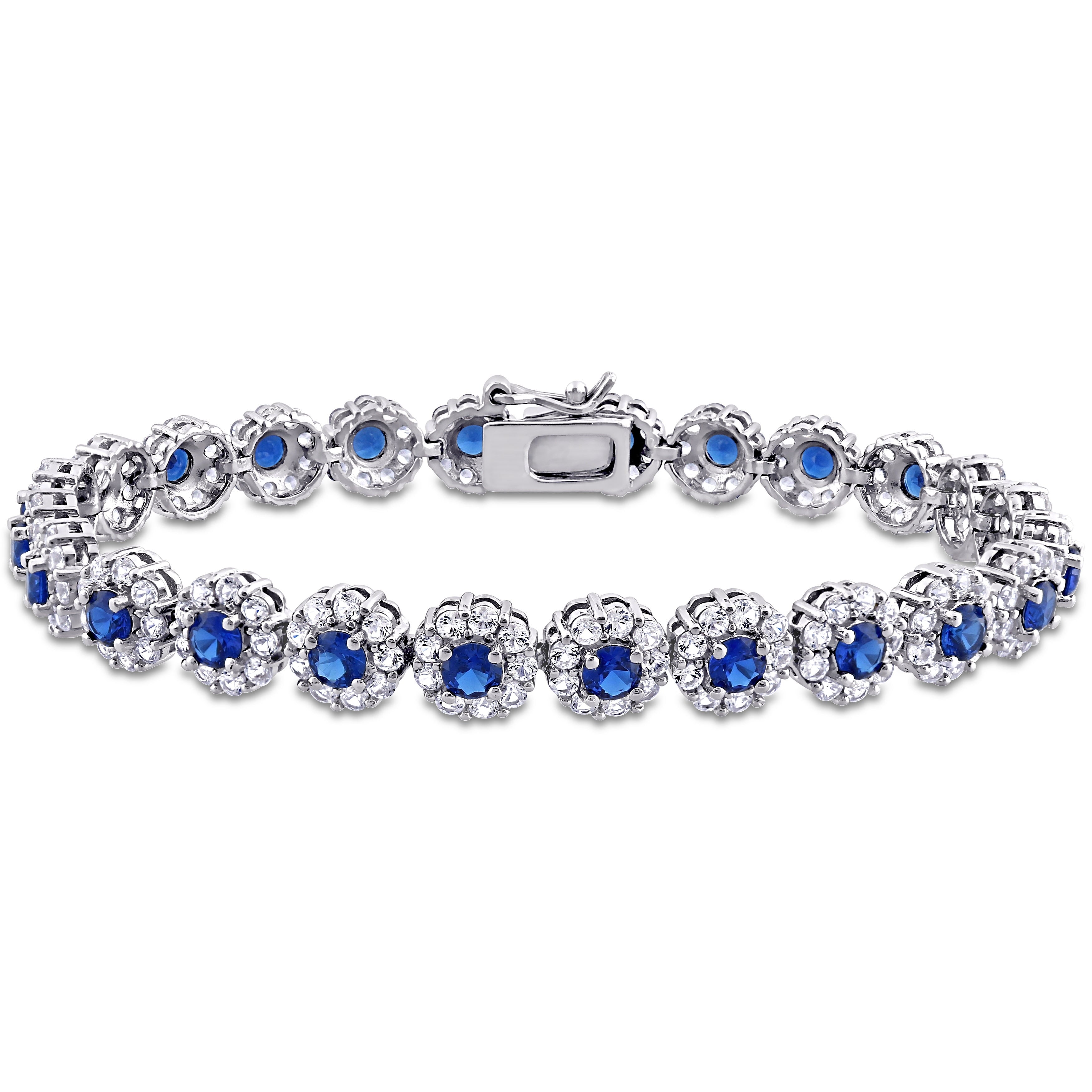 Miadora Sterling Silver 11 1 3 Ct Tgw Created Blue And White Sapphire Halo Floral Tennis Bracelet