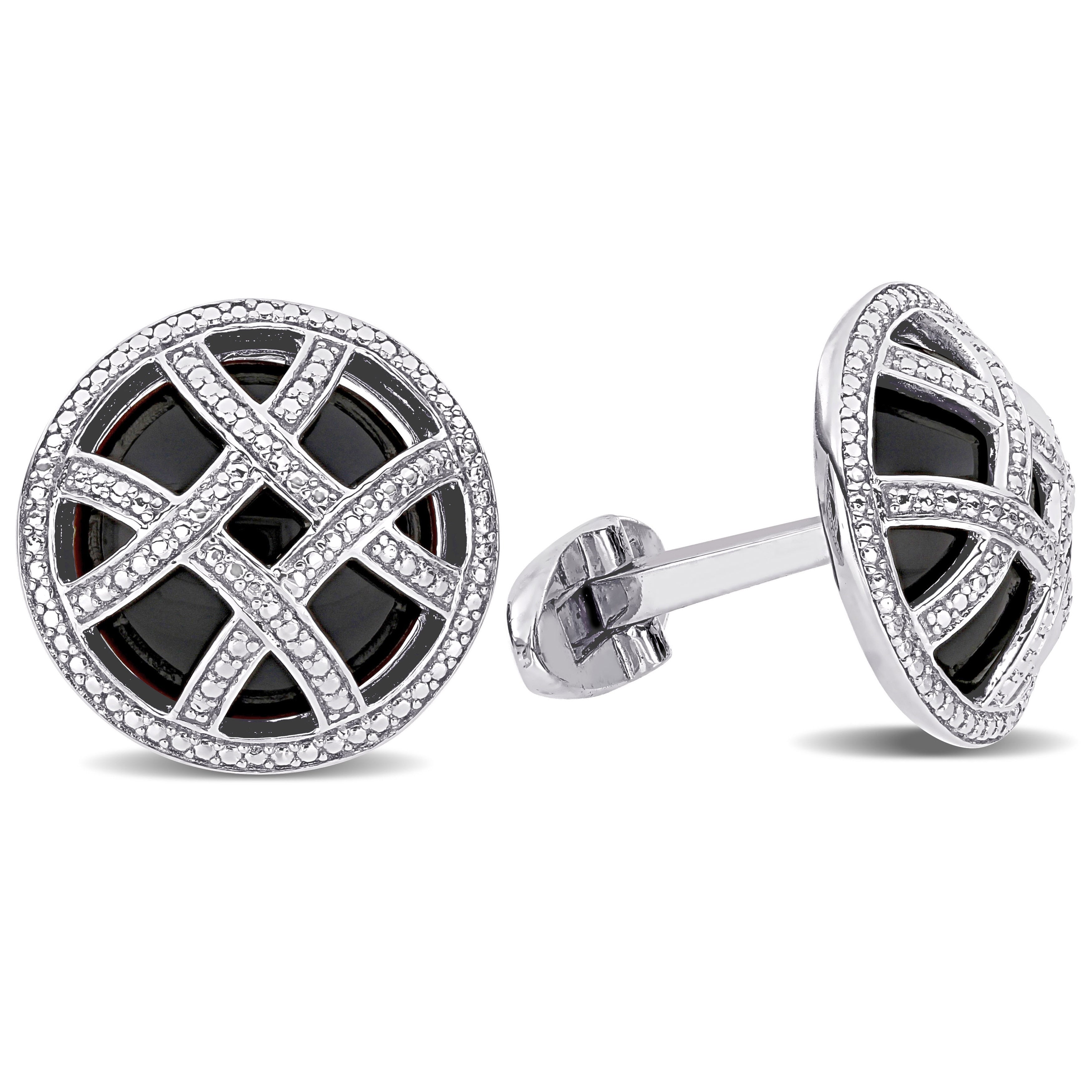 Miadora Sterling Silver 17Ct Tgw Black Onyx Diamond Illusion Circular Checker Cufflinks