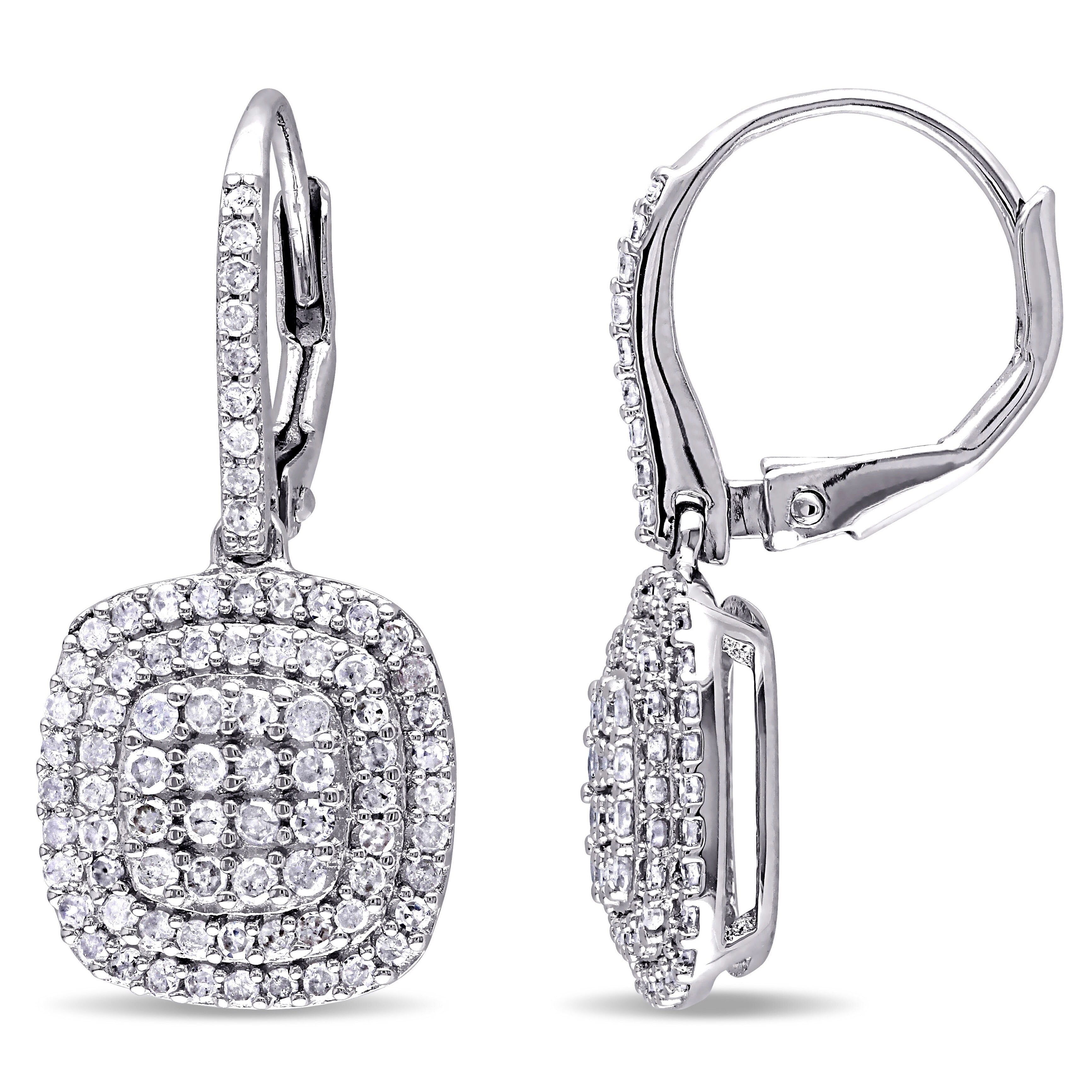 Miadora Sterling Silver 1Ct Tdw Diamond Cluster Double Halo Leverback Earrings
