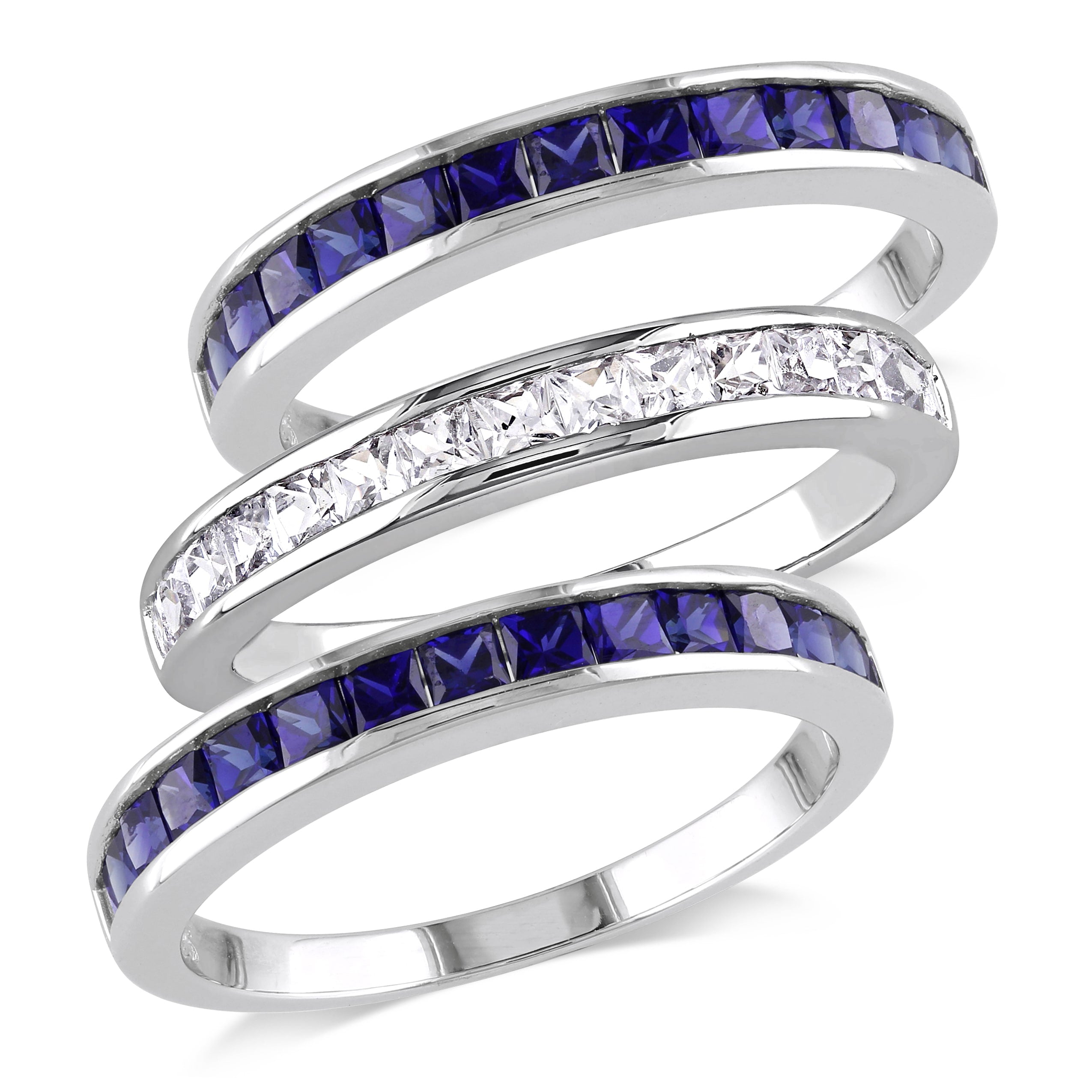 Miadora Sterling Silver 2 1 4Ct Tgw Square Cut Created Blue And White Sapphire 3 Piece Anniversary S