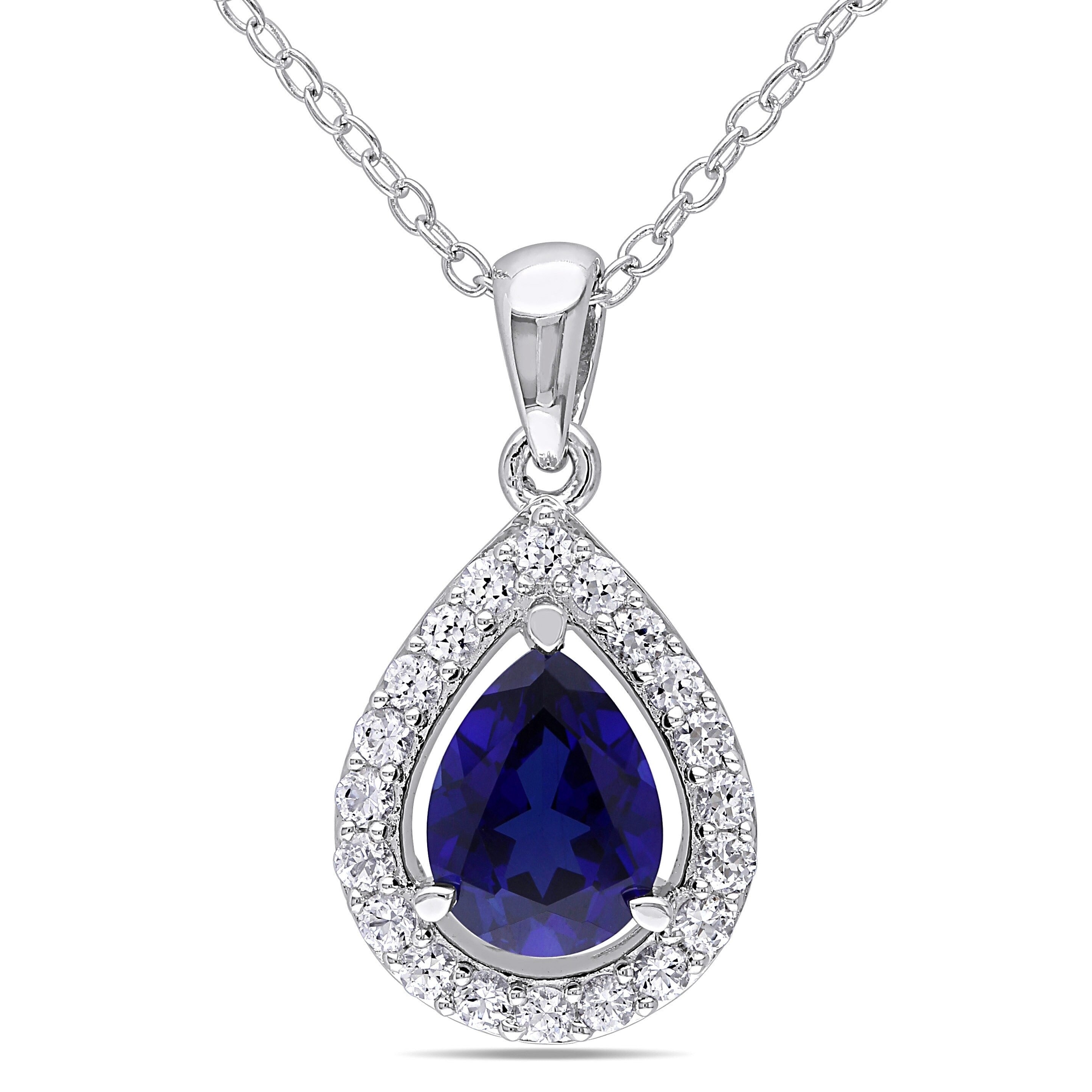 Miadora Sterling Silver Created Blue And White Sapphire Drop Necklace