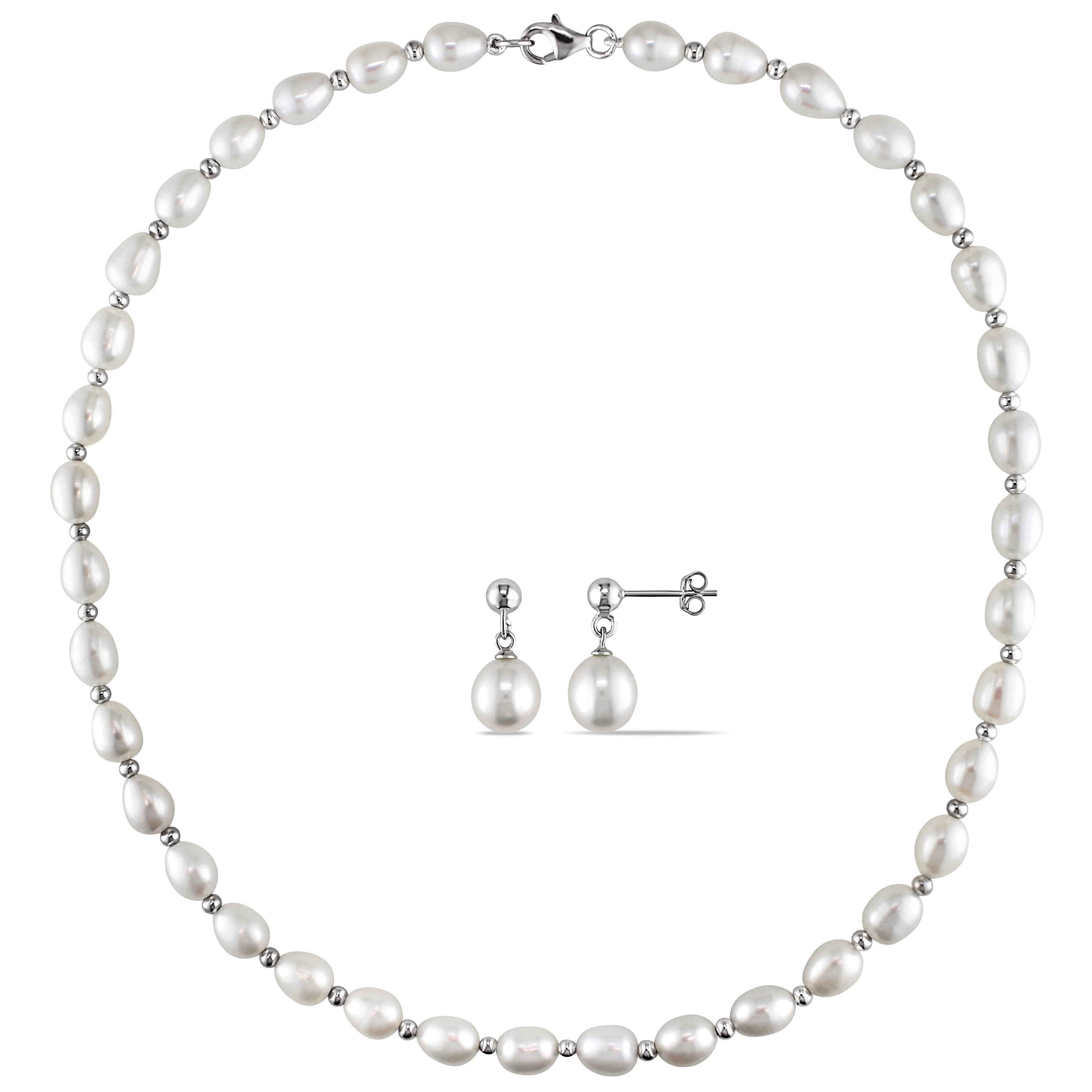Miadora Sterling Silver 2 Pc Set Of Freshwater Pearl Necklace And Earrings 8 8.5 Mm 18 L