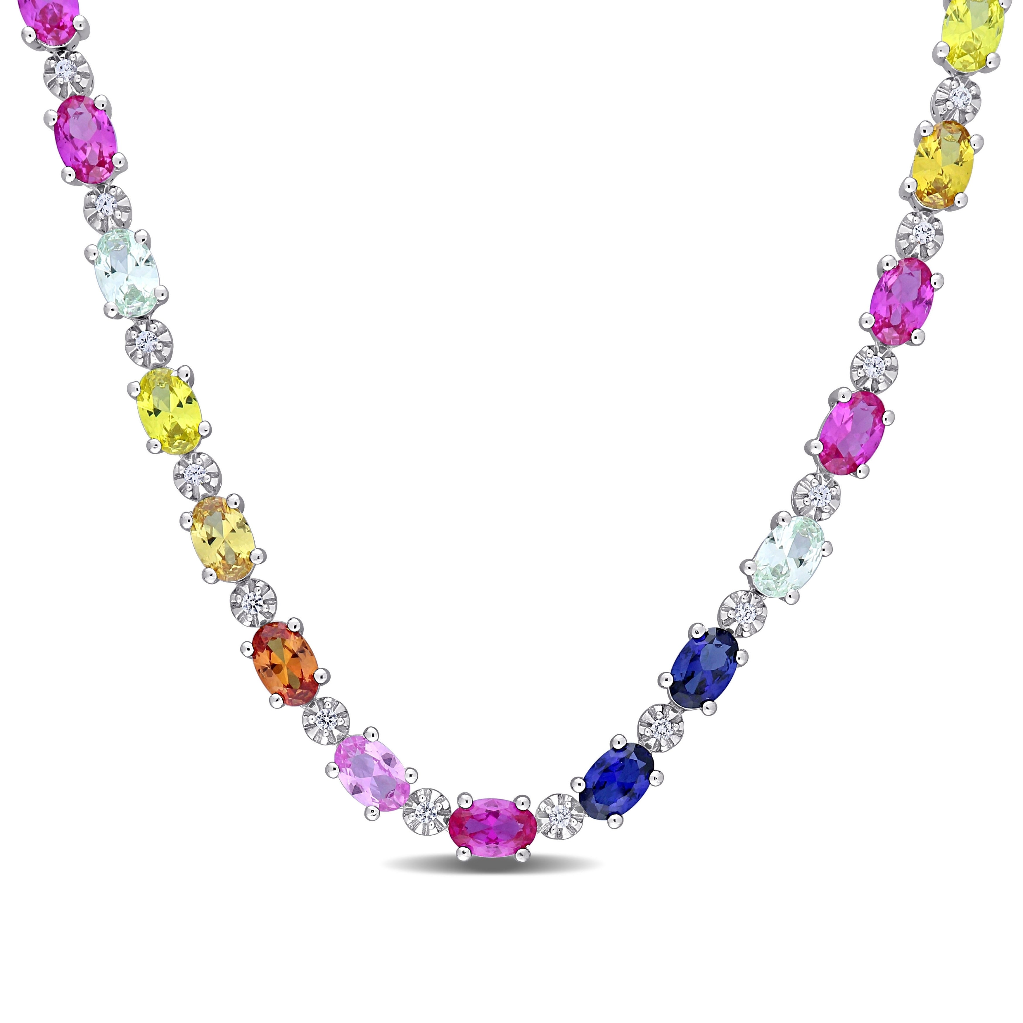 Miadora Sterling Silver 23 7 8Ct Tgw Oval Cut Multi Color Created Sapphire Tennis Necklace