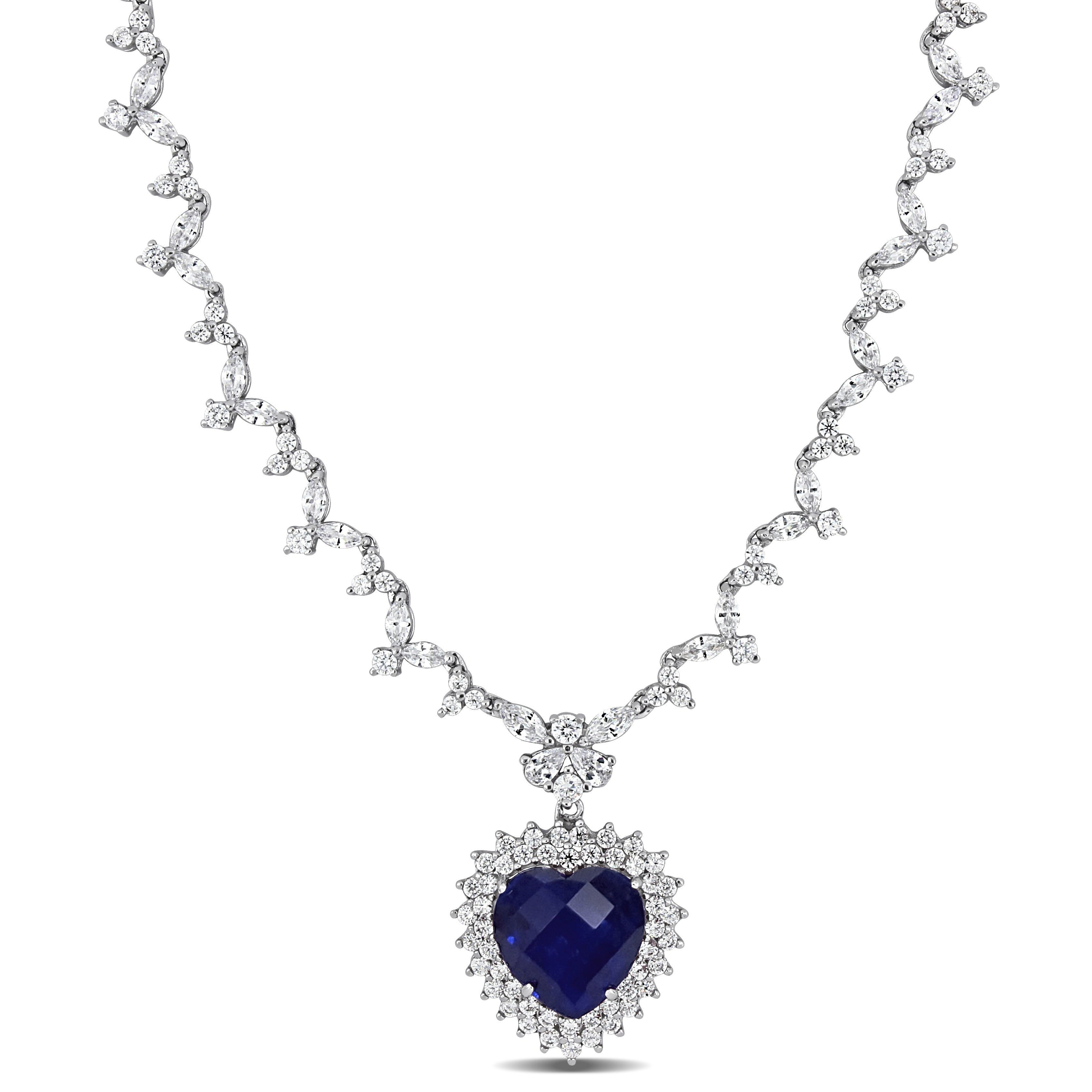 Miadora Sterling Silver 47Ct Tgw Blue And White Cubic Zirconia Heart Halo Station Necklace 18 Inch X 24 Mm X 10 Mm