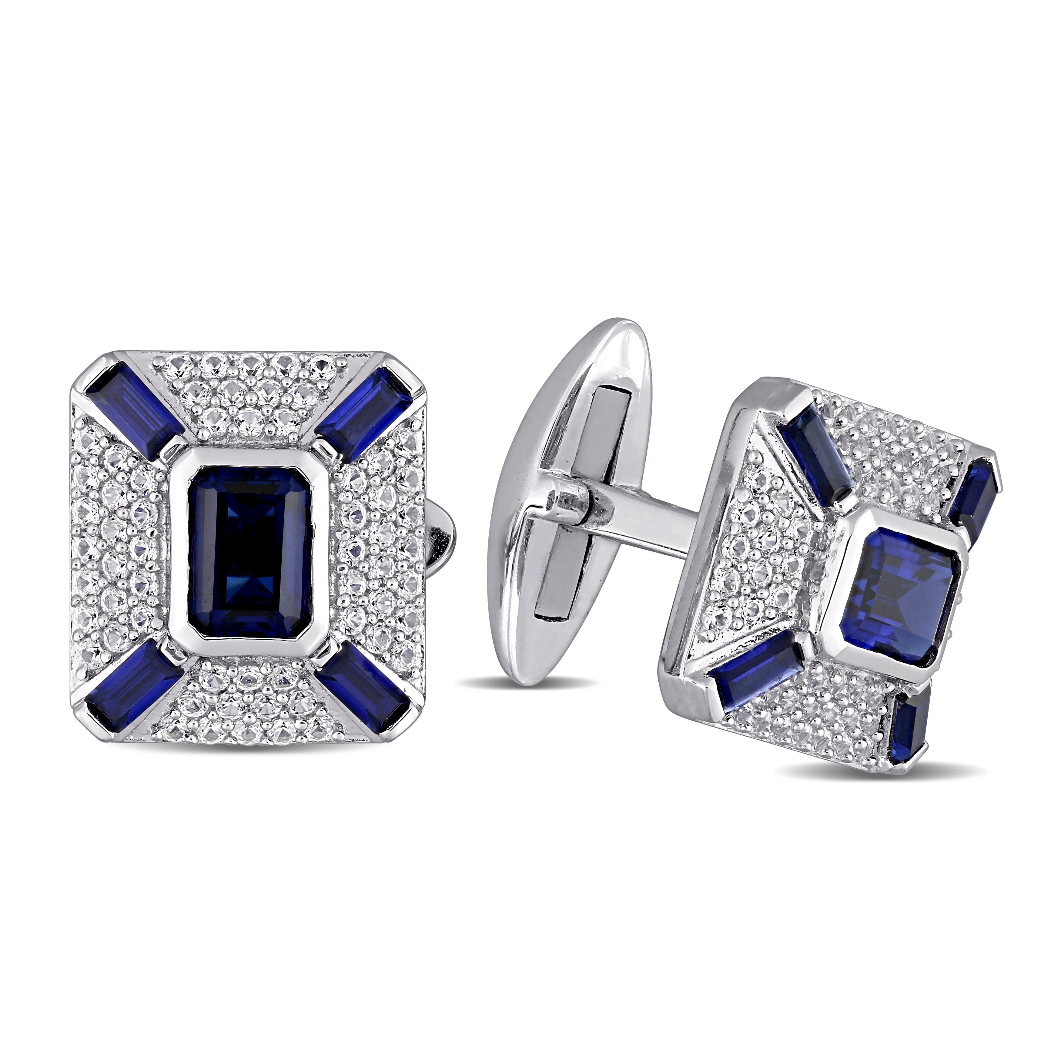 Miadora Sterling Silver 5 1 4Ct Tgw Created Blue And White Sapphire Geomteric Halo Cluster Cufflinks