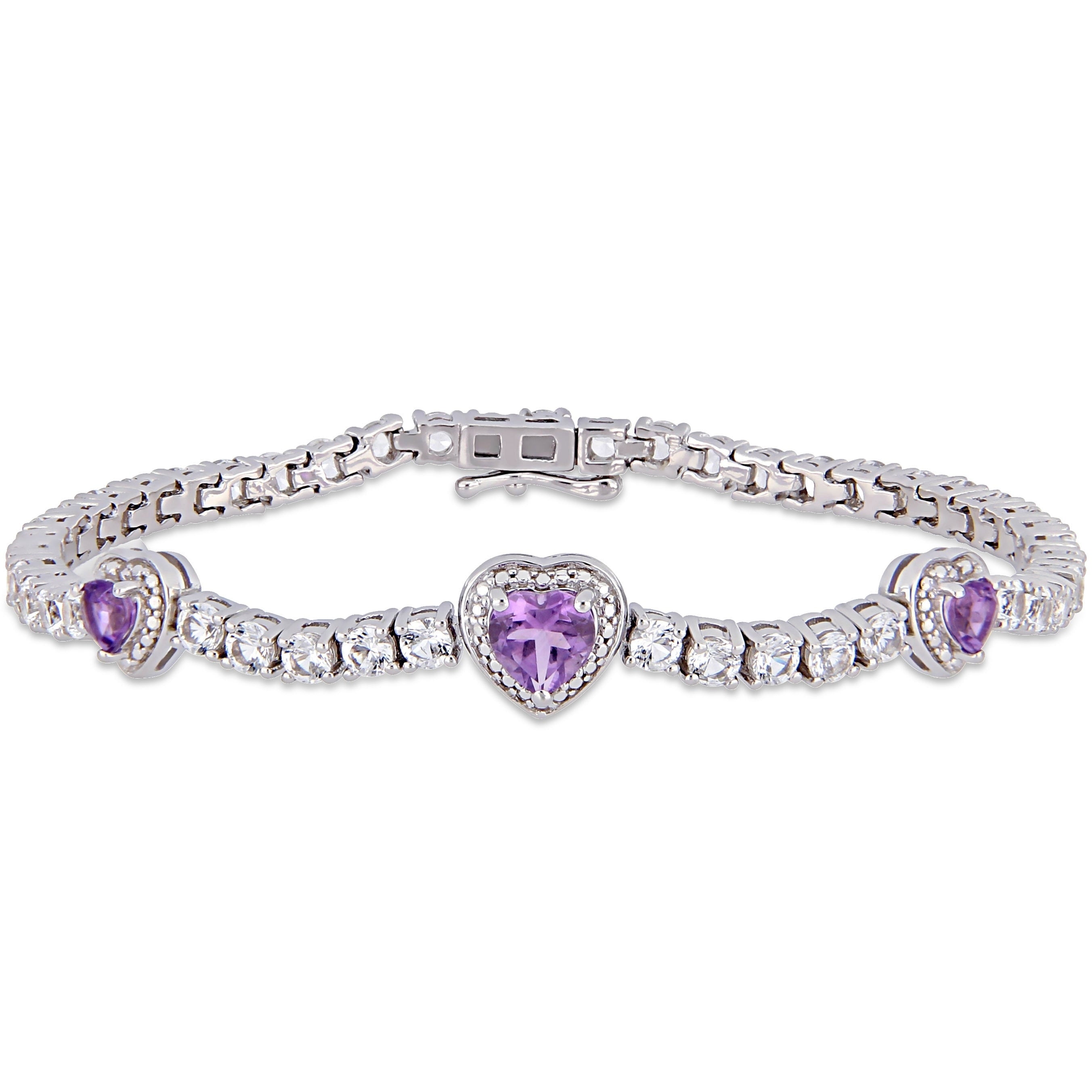 Miadora Sterling Silver Amethyst And Created White Sapphire Triple Heart Tennis Bracelet