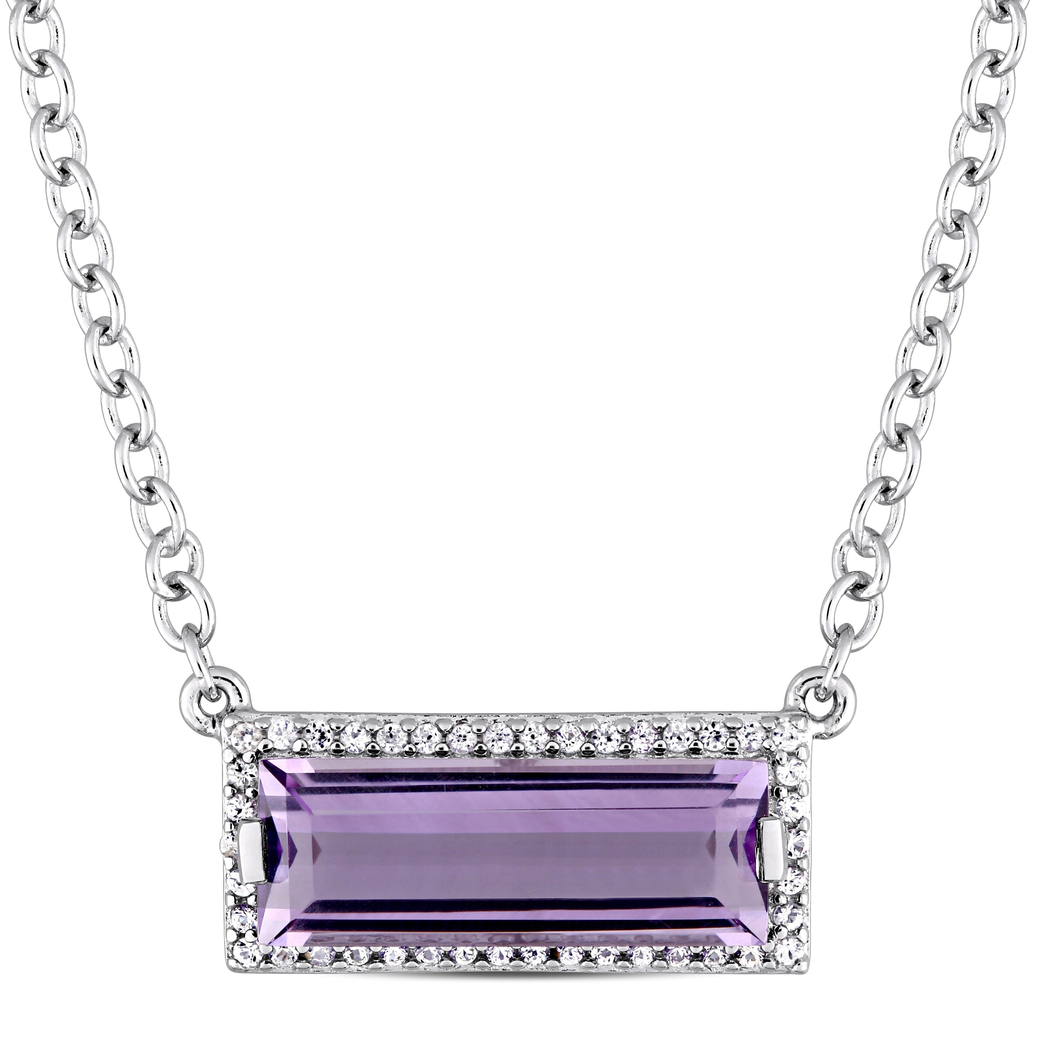 Miadora Sterling Silver Baguette Cut African Amethyst And Round Cut White Sapphire Halo Necklace