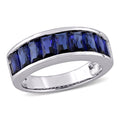 Miadora Sterling Silver Baguette Cut Created Blue Sapphire Semi Eternity Anniversary Band Ring