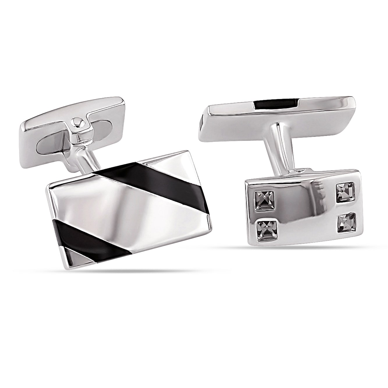 Miadora Sterling Silver Black Onyx And White Crystal Diagonal Striped Rectangular Cufflinks