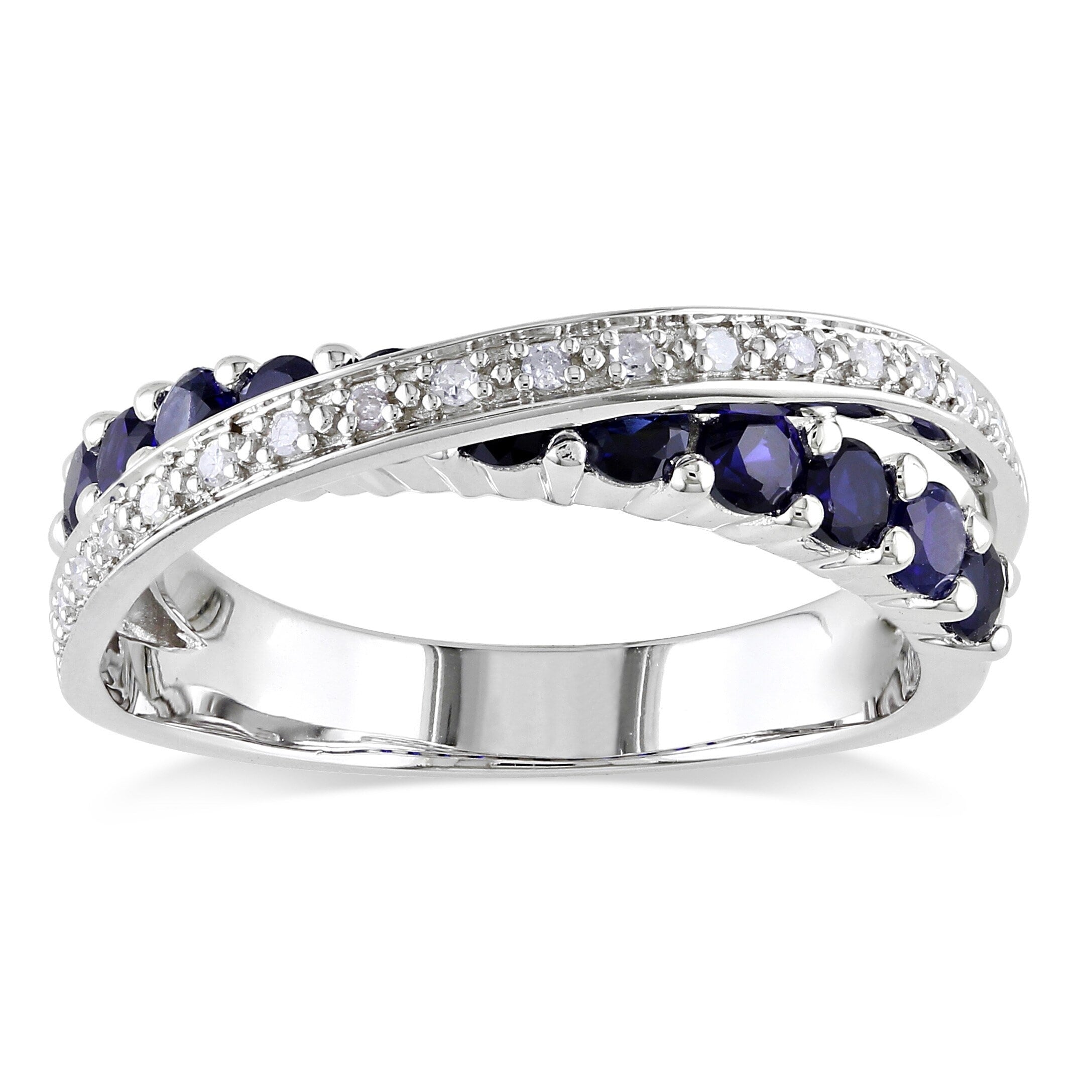 Miadora Sterling Silver Blue Sapphire And 1 10Ct Tdw Diamond Crossover Ring