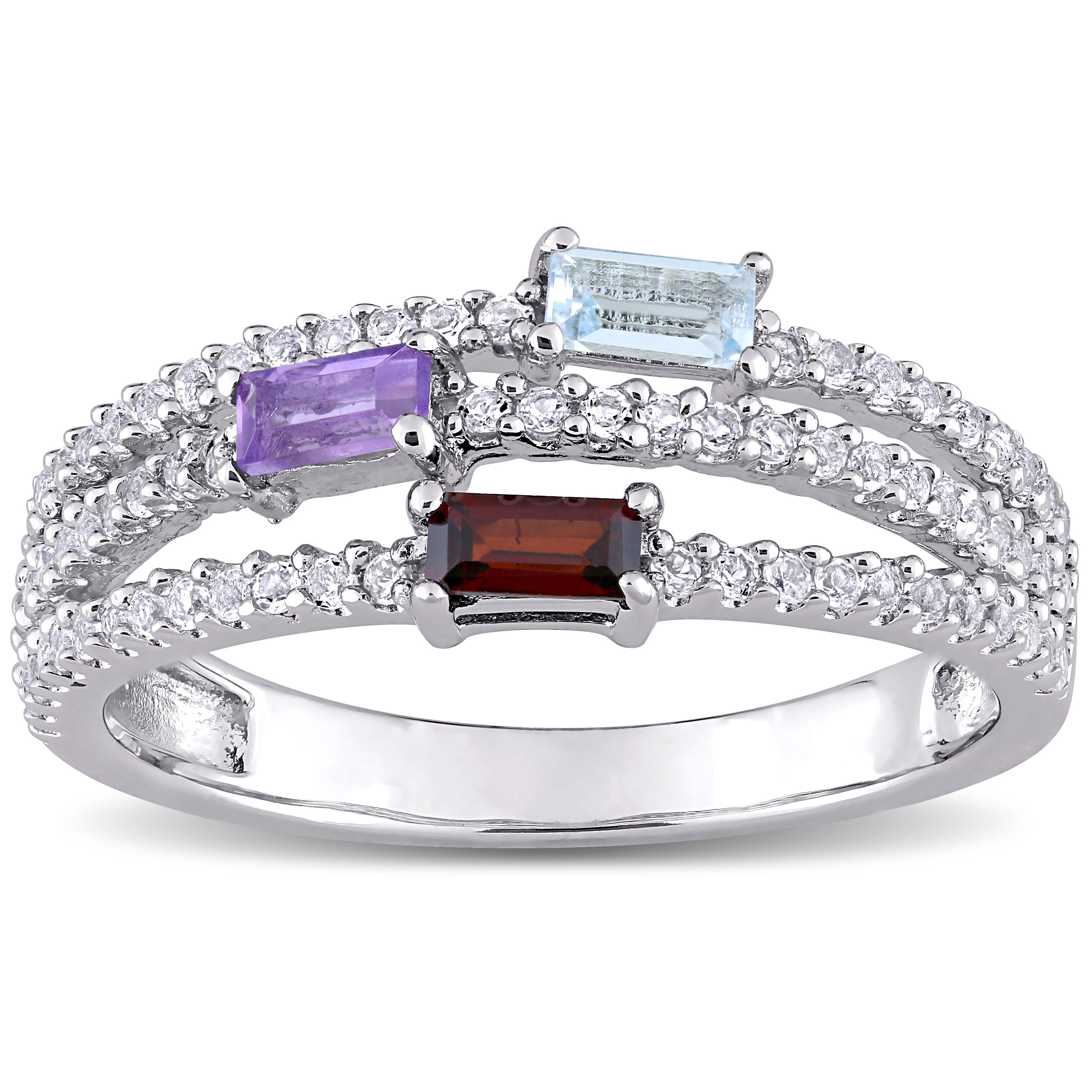 Miadora Sterling Silver Blue Topaz Amethyst Garnet White Topaz Triple Row Anniversary Band Ring