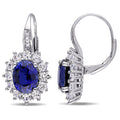 Miadora Sterling Silver Oval Cut Created Blue And White Sapphire Diamond Halo Birthstone Leverback Earrings
