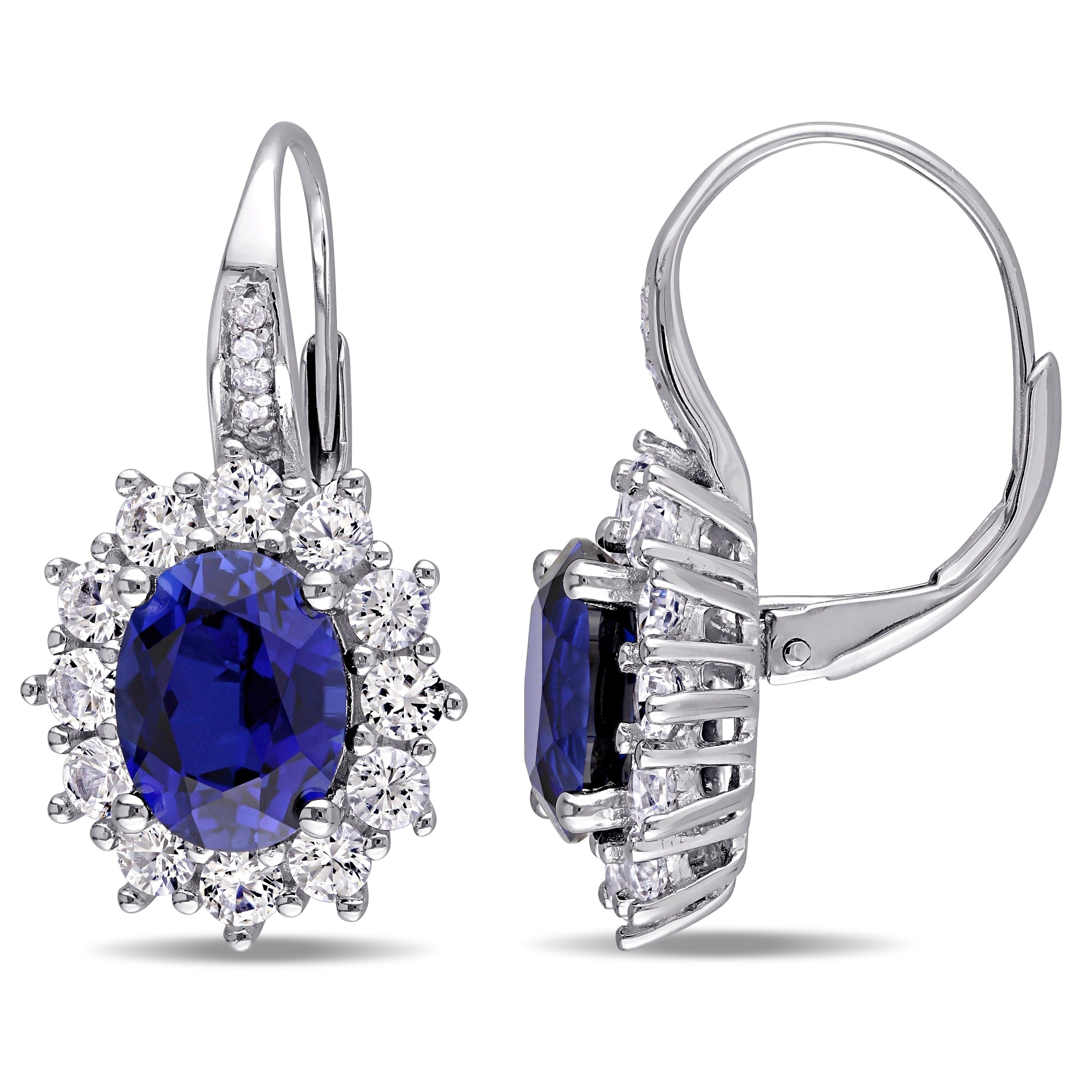 Miadora Sterling Silver Oval Cut Created Blue And White Sapphire Diamond Halo Birthstone Leverback Earrings