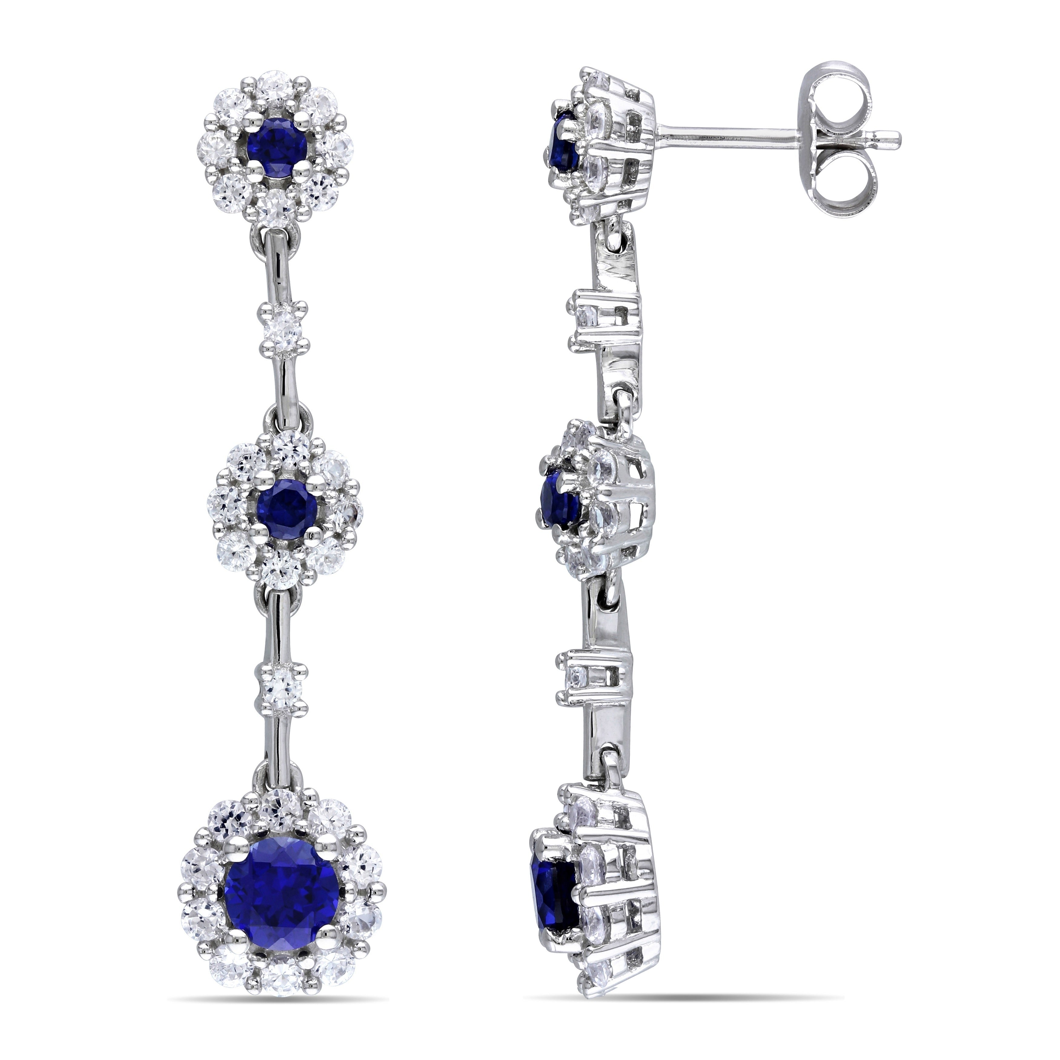 Miadora Sterling Silver Blue And White Sapphire Flower Birthstone Graduated Drop Earrings