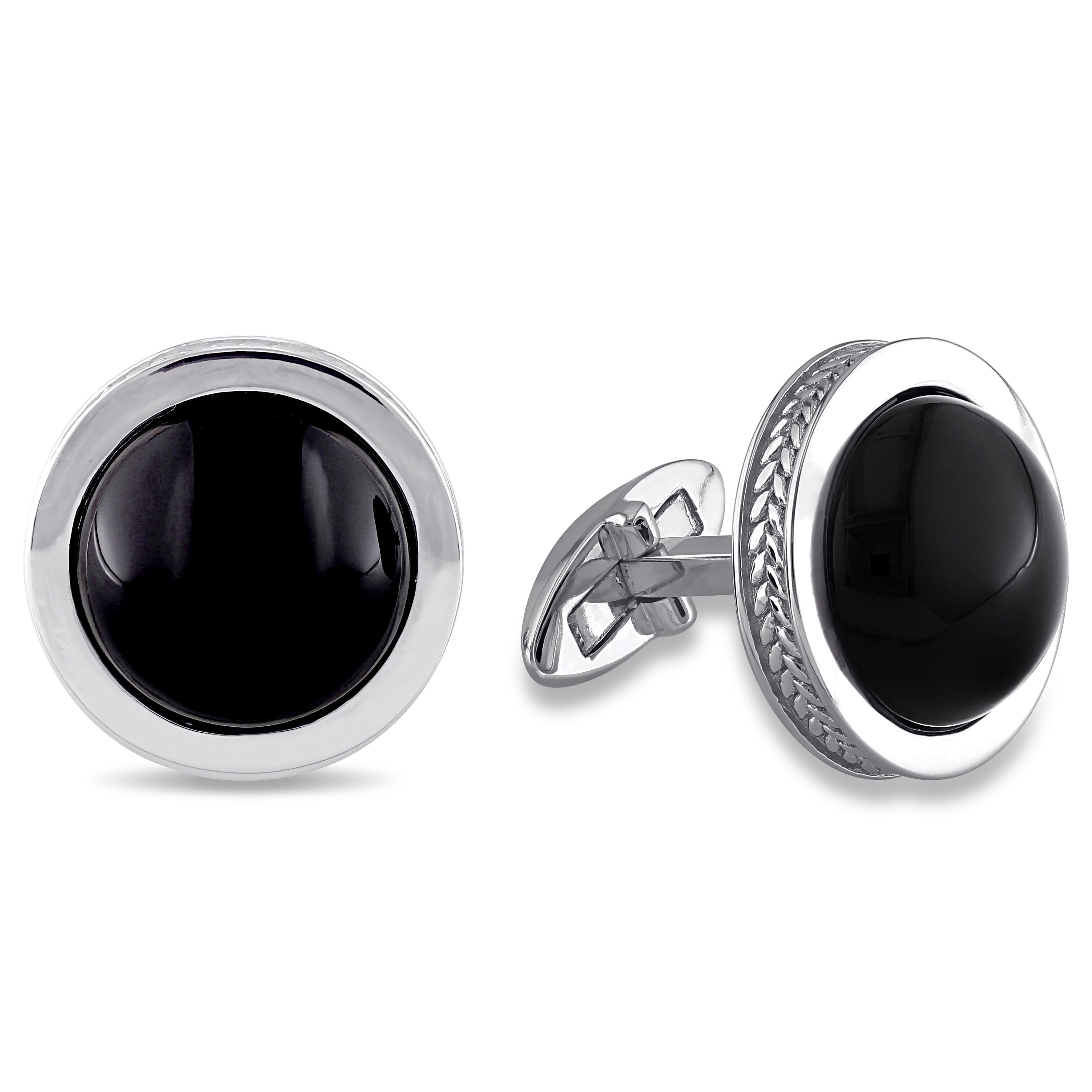 Miadora Sterling Silver Cabochon Flat Bottom Cut Bezel Set Black Onyx Polished Halo Cufflinks