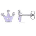 Miadora Sterling Silver Childrens White Enamel And White Topaz Crown Stud Earrings
