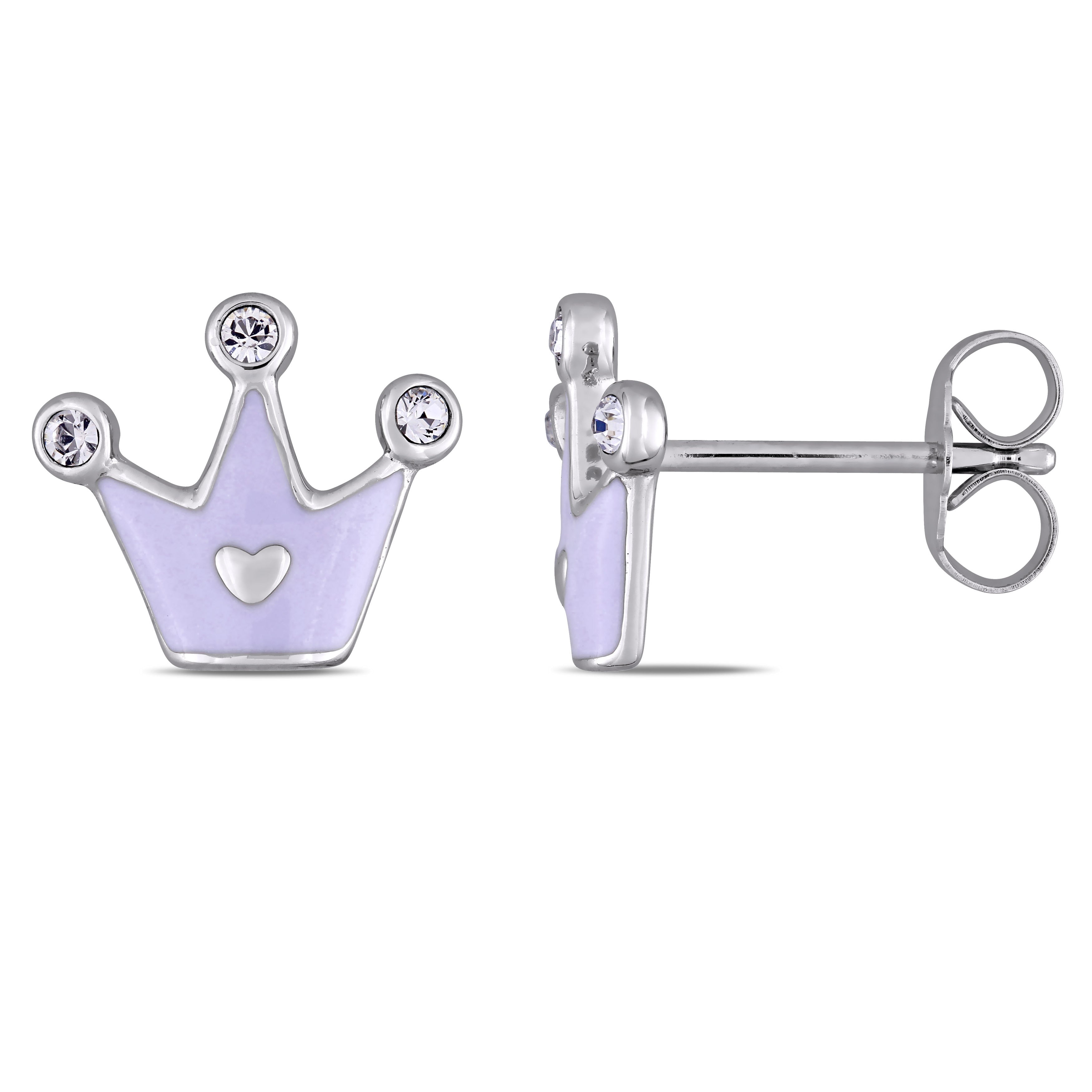 Miadora Sterling Silver Childrens White Enamel And White Topaz Crown Stud Earrings