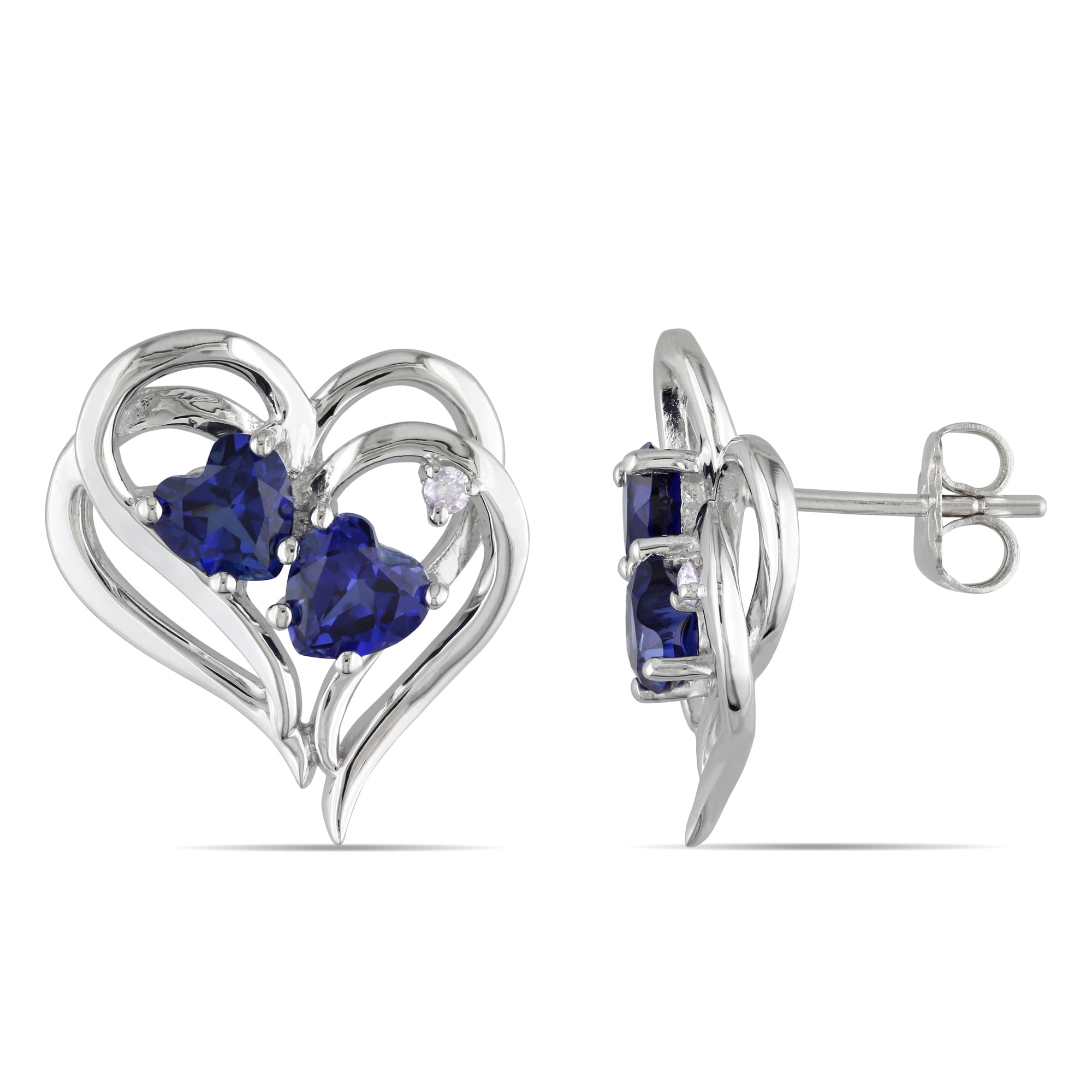 Miadora Sterling Silver Created Blue Sapphire And Diamond Heart Earrings H I I2 I3