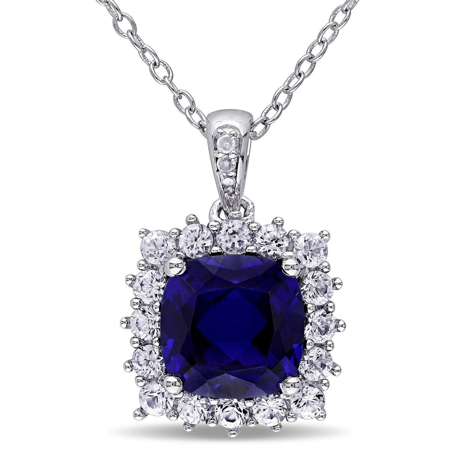 Miadora Sterling Silver Created Blue And White Sapphire Diamond Accent Halo Necklace