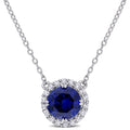 Miadora Sterling Silver Created Blue And White Sapphire Halo Stationed Birthstone Necklace 11.4 Mm X 18 Inch X 11.1 Mm