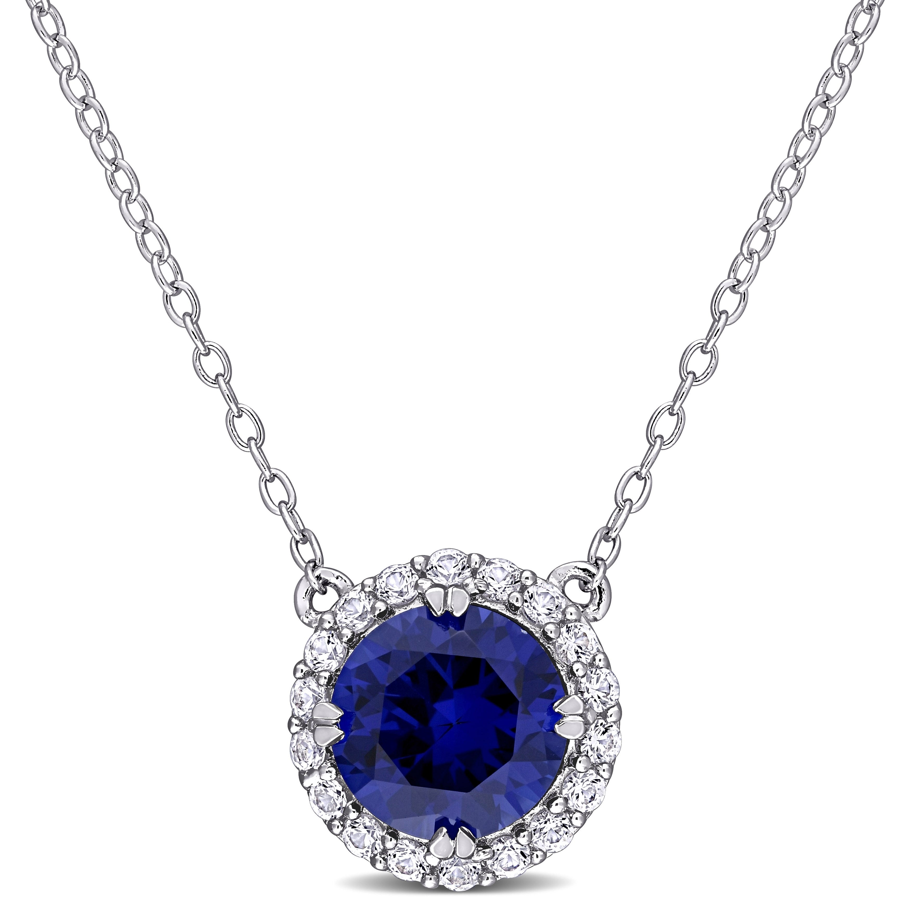 Miadora Sterling Silver Created Blue And White Sapphire Halo Stationed Birthstone Necklace 11.4 Mm X 18 Inch X 11.1 Mm