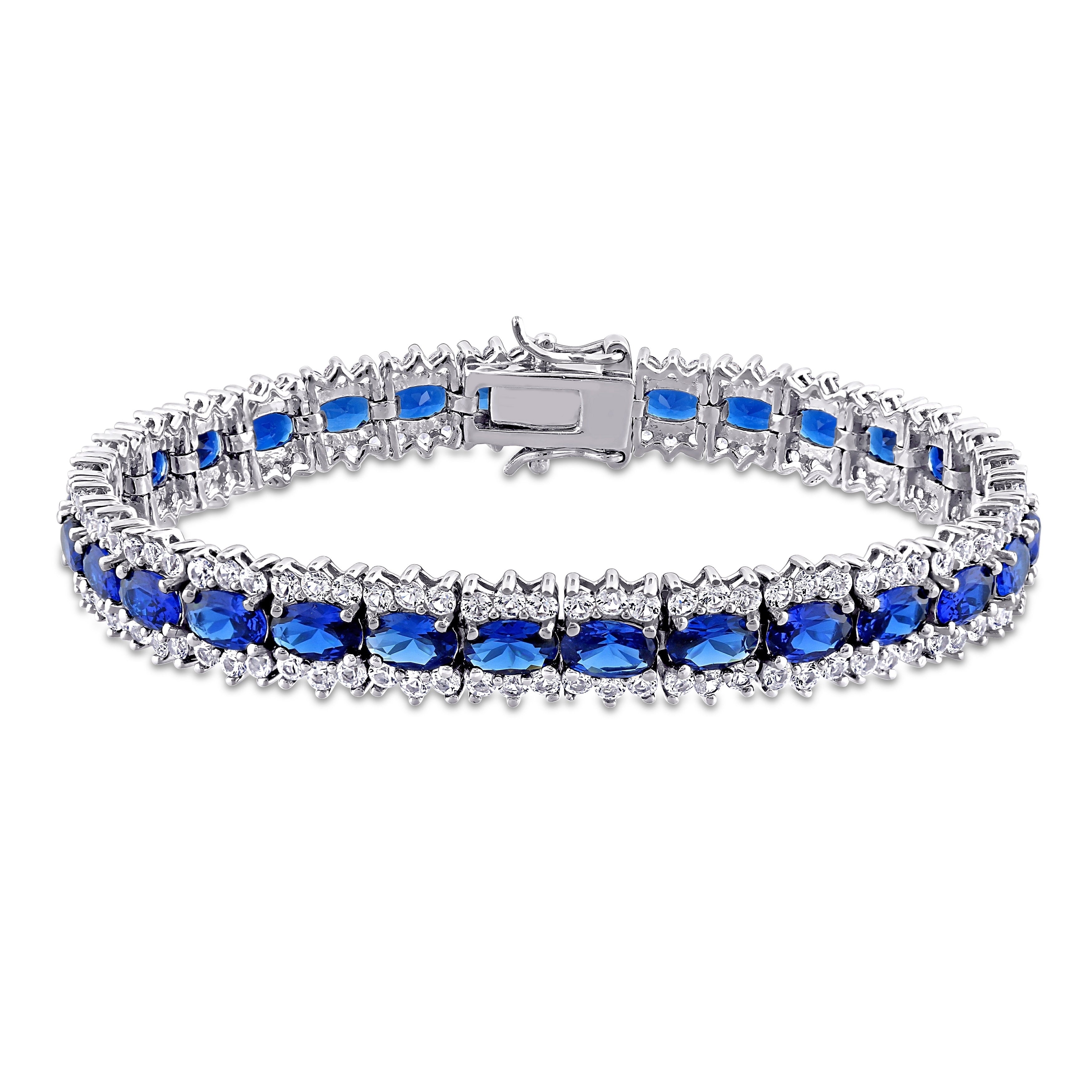 Miadora Sterling Silver Created Blue And White Sapphire Halo Tennis Bracelet
