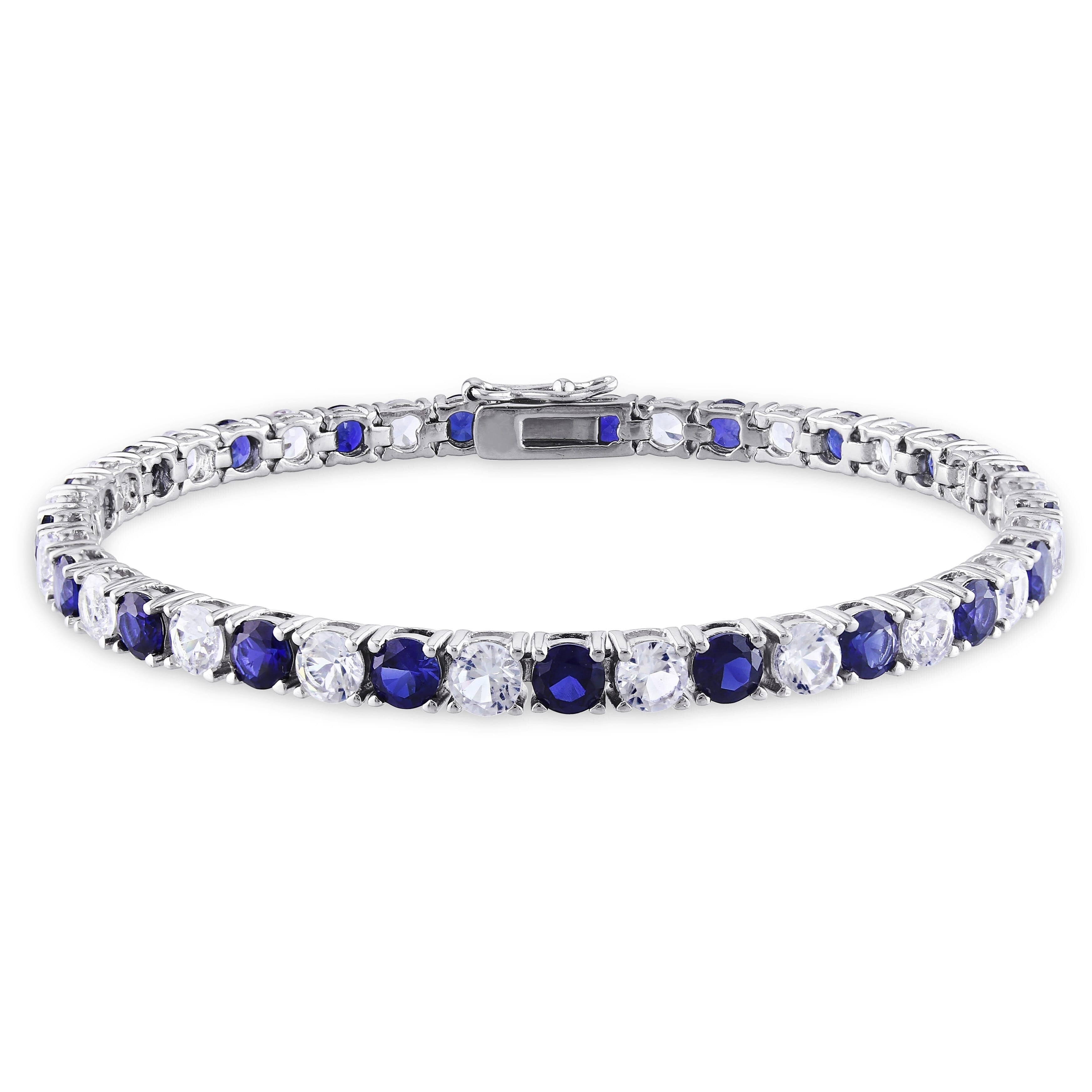 Miadora Sterling Silver Created Blue And White Sapphire Patterned Birthstone Tennis Bracelet